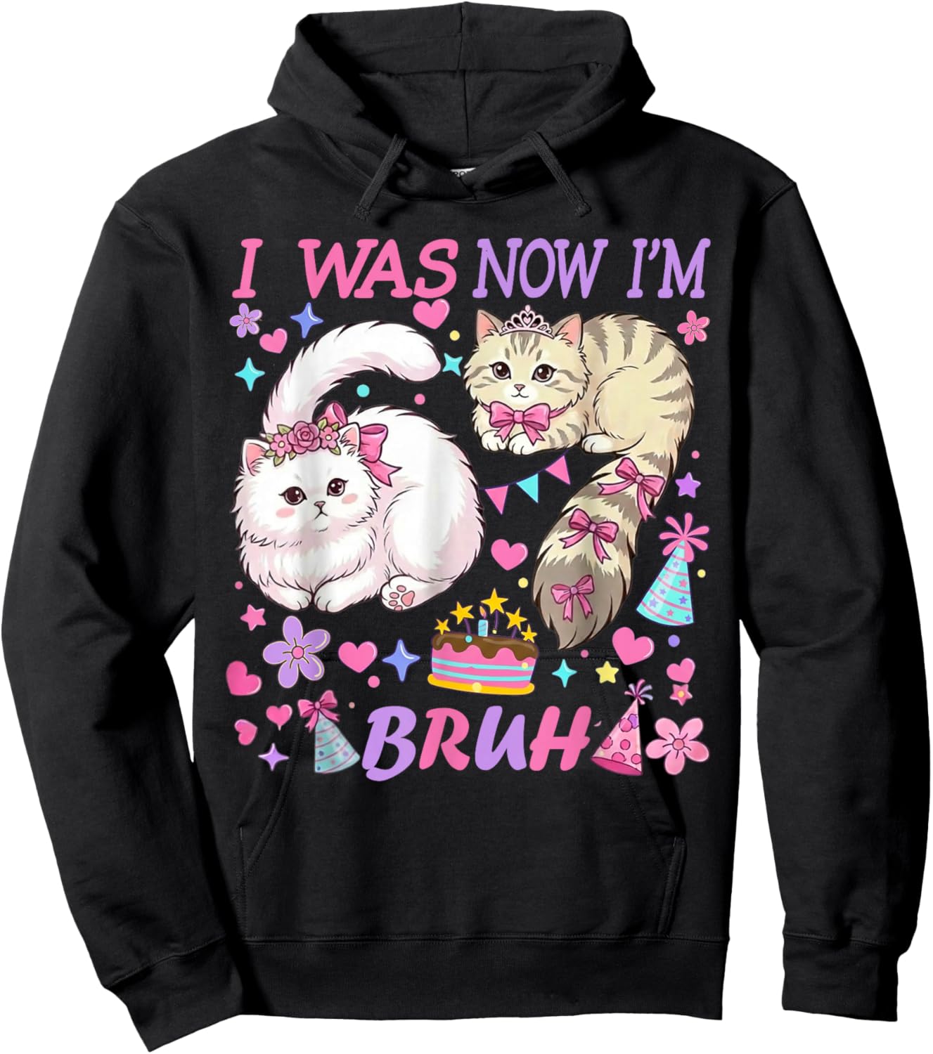 I was 6 Now I'm 7 Bruh Funny 67 Birthday Girls Cats Hoodie - Hoodie | Black