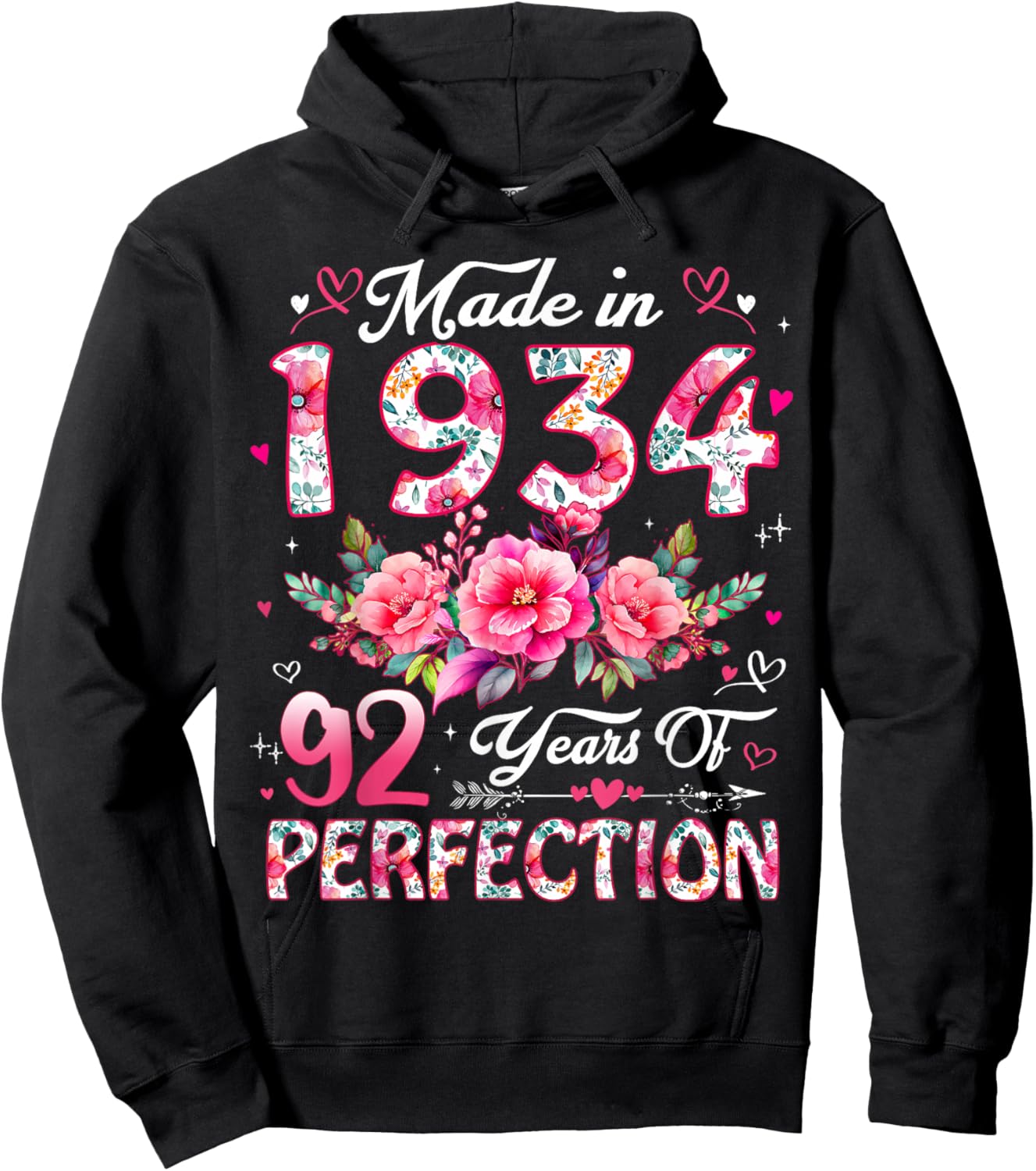 92 Year Old Made in 1934 Floral 92nd Birthday Women Hoodie - Hoodie | Black