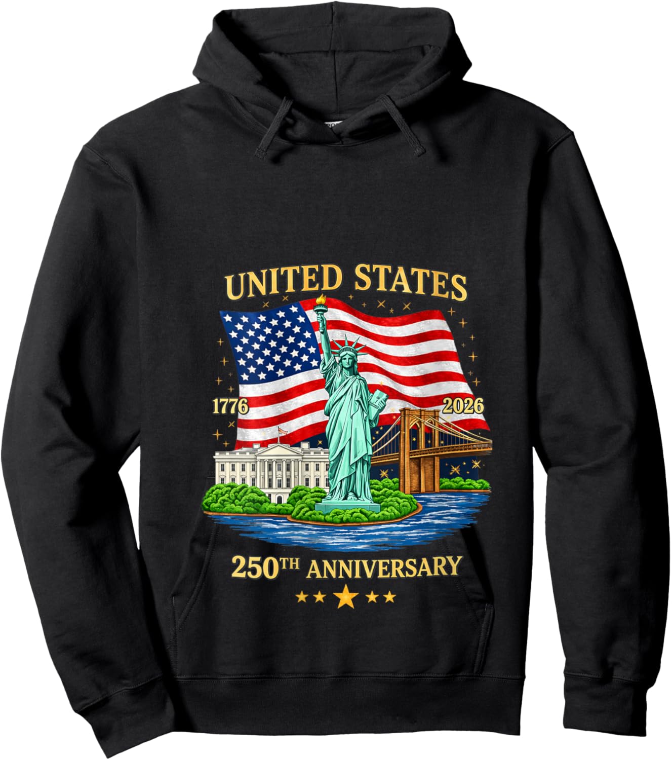 Women's USA 250th Anniversary Statue of Liberty American Flag V-Neck Hoodie - Hoodie | Black