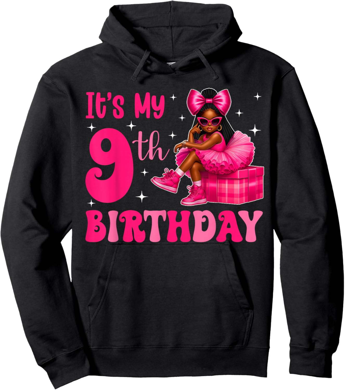 It's My 9th Birthday Bow 9 Years Old Black Girl Afro Kid Hoodie - Hoodie | Black