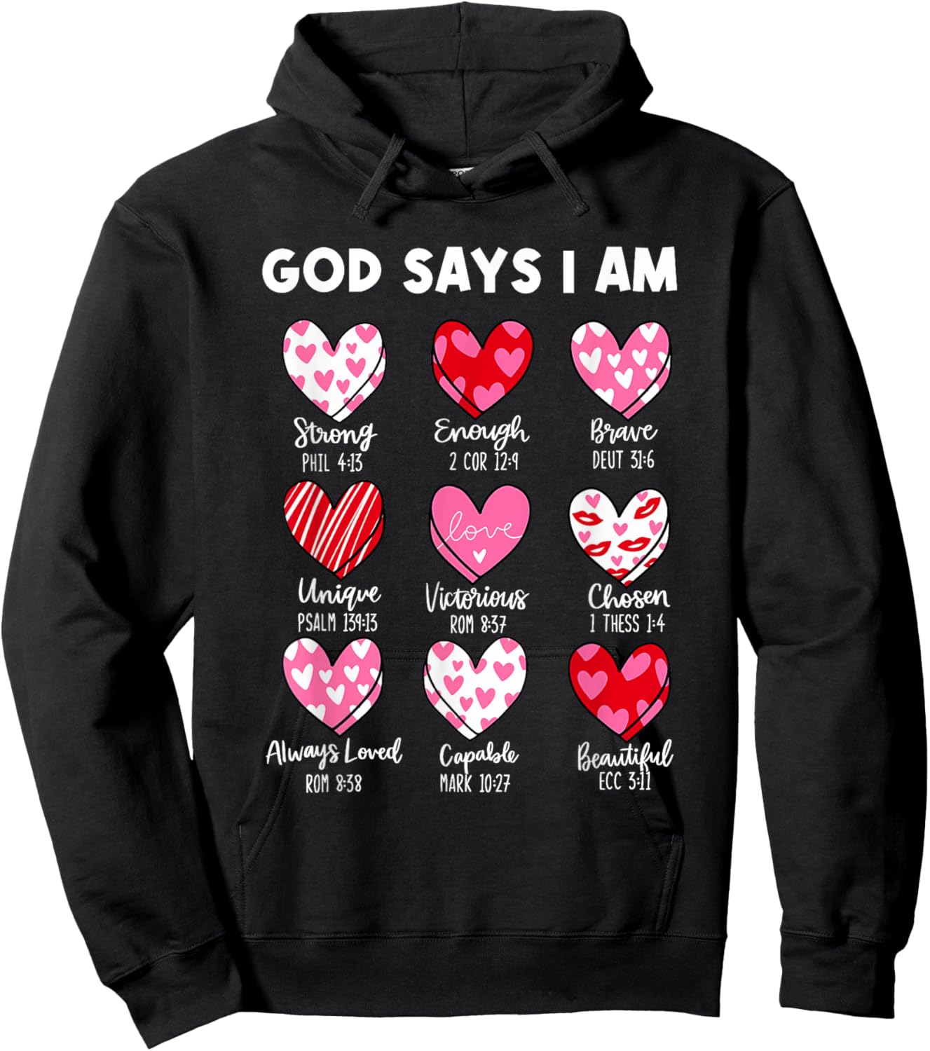 Christian Valentine Coquette God Says I Am Hearts Hoodie - Hoodie | Black