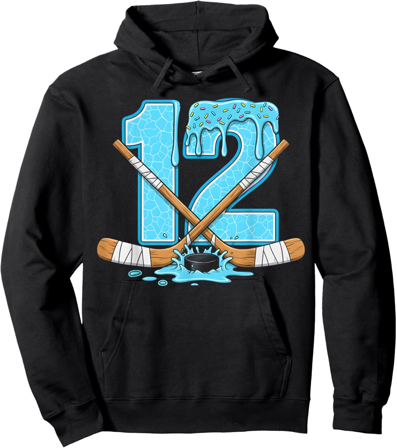12 Year Old Hockey Ice Cream Drip Youth 12th Birthday Boys Hoodie - Hoodie | Black