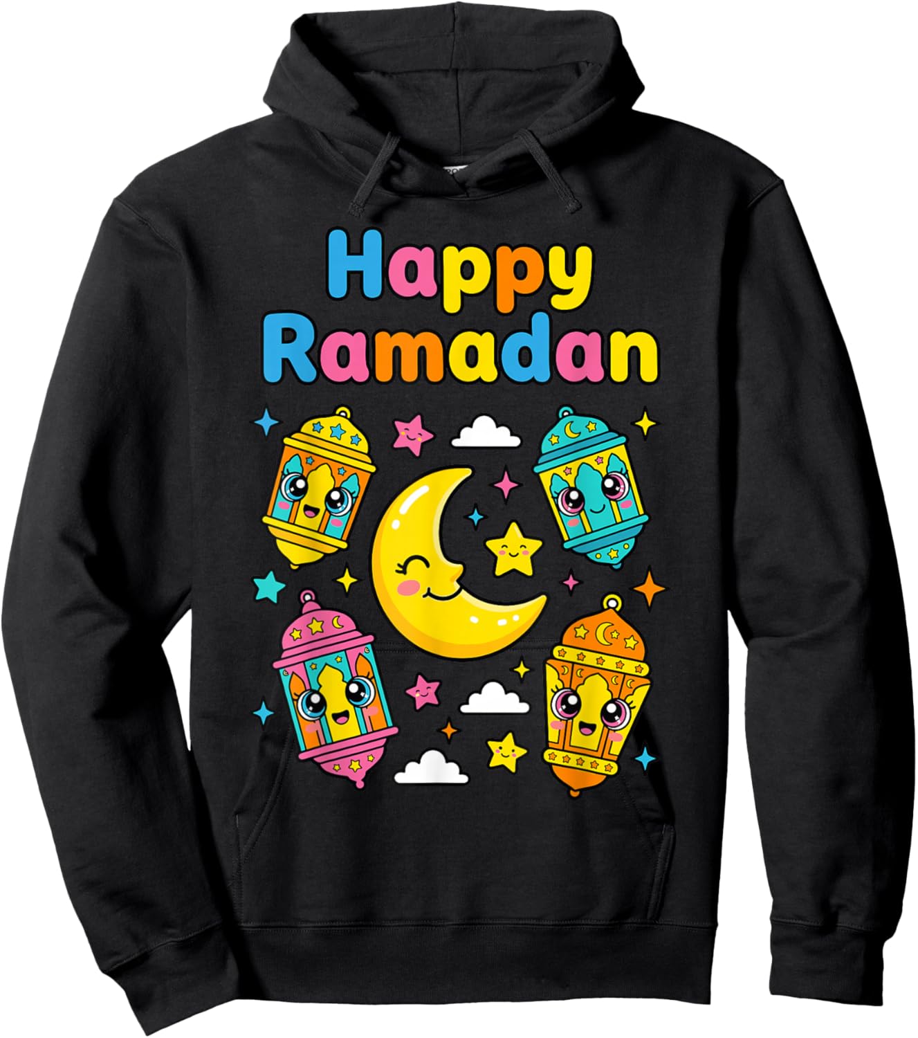 Happy Ramadan for Kids Muslim Boys Girls Kawaii Moon Lantern Hoodie - Hoodie | Black