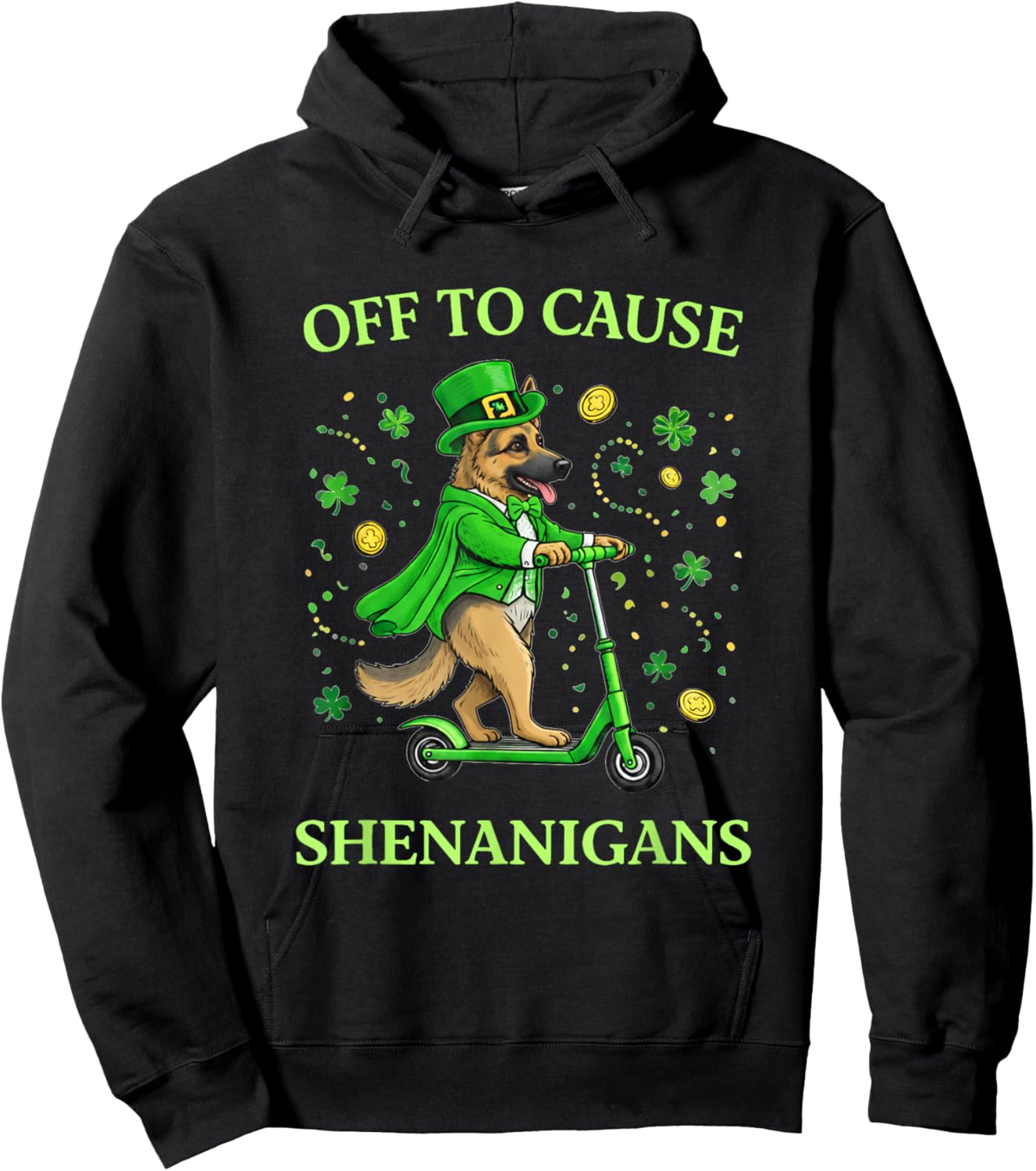 St Patrick Day German Shepherd Leprechaun Scooter Shenanigan Hoodie - Hoodie | Black