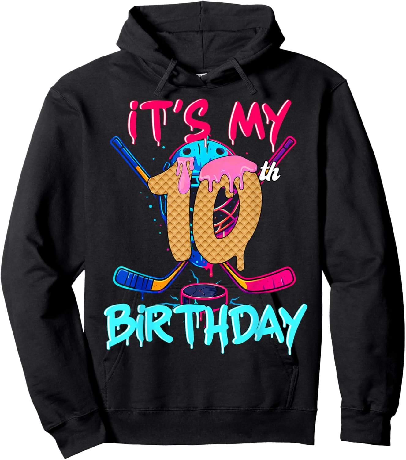 Hockey Ice Cream Drip It's My 10th Birthday Number 10 Player Hoodie - Hoodie | Black