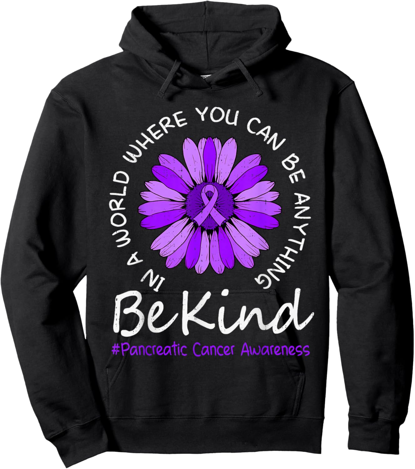 Be Kind Pancreatic Cancer Awareness Sunflower Ribbon Purple Hoodie - Hoodie | Black
