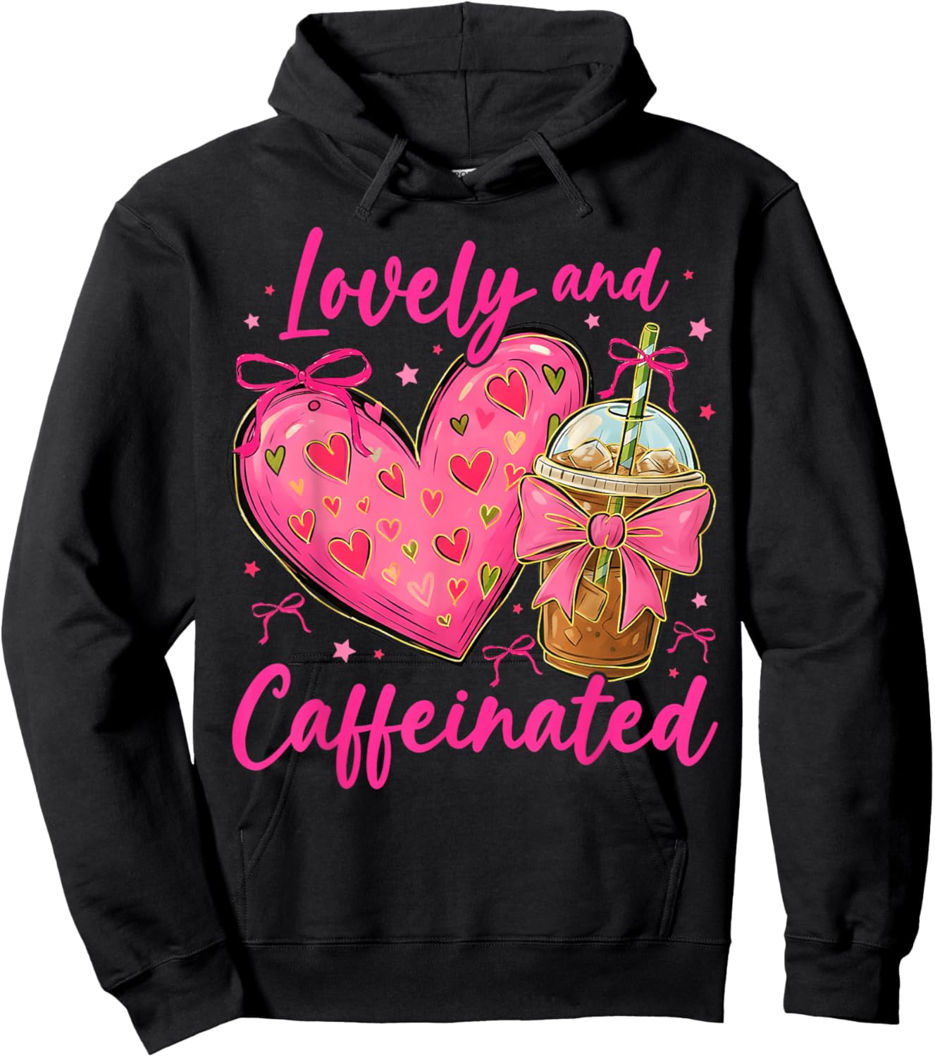 Valentine Lovely & Caffeinated Coffee Lover Coquette Bow Hoodie - Hoodie | Black