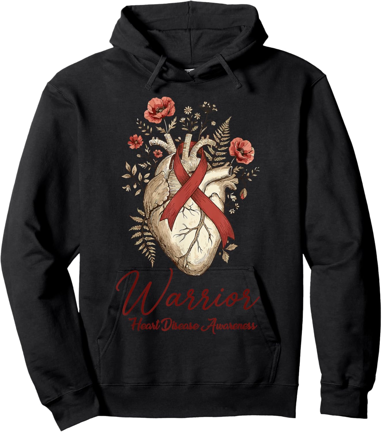 Heart Disease Awareness Warrior Anatomical Floral Ribbon Hoodie - Hoodie | Black