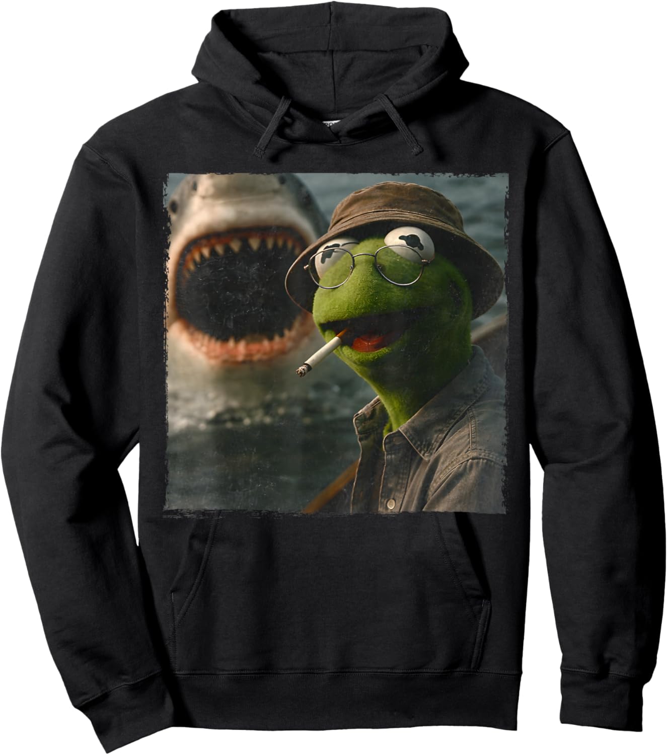 Funny Smoking Frog Meme Vintage Shark Attack Parody Hoodie - Hoodie | Black