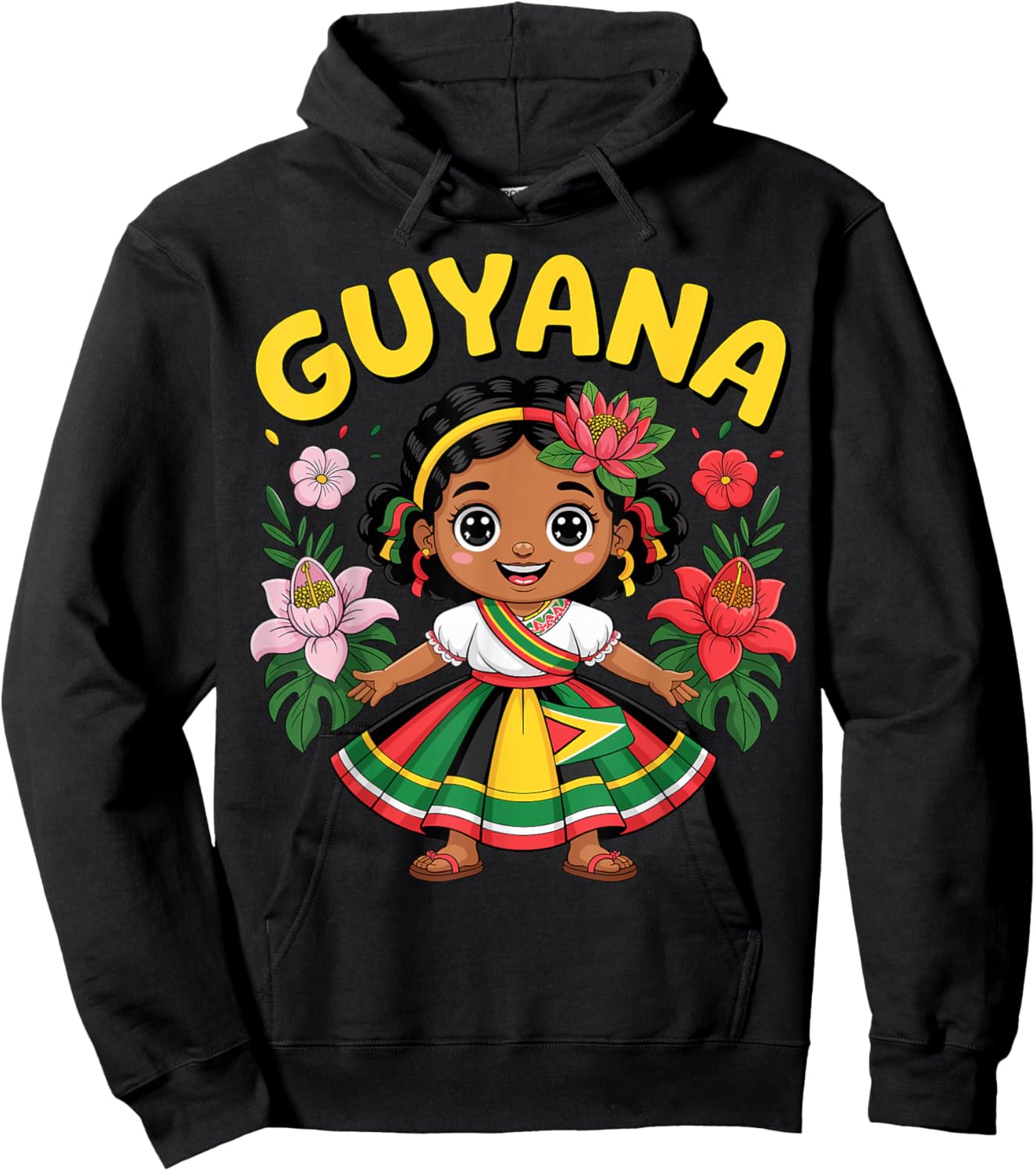 Guyanese Girl in Traditional Dress with Tropical Flowers Hoodie - Hoodie | Black