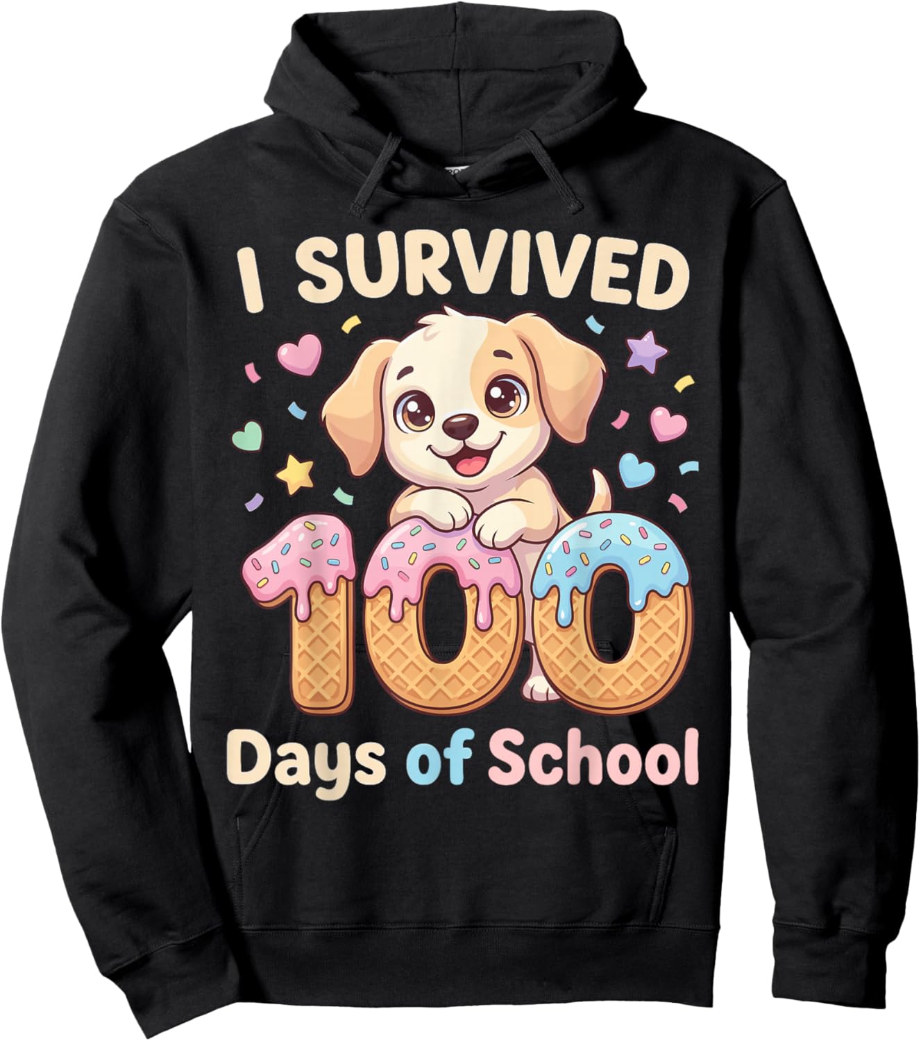 I Survived 100 Days of School Funny Punny Dog Ice Cream Drip Hoodie - Hoodie | Black