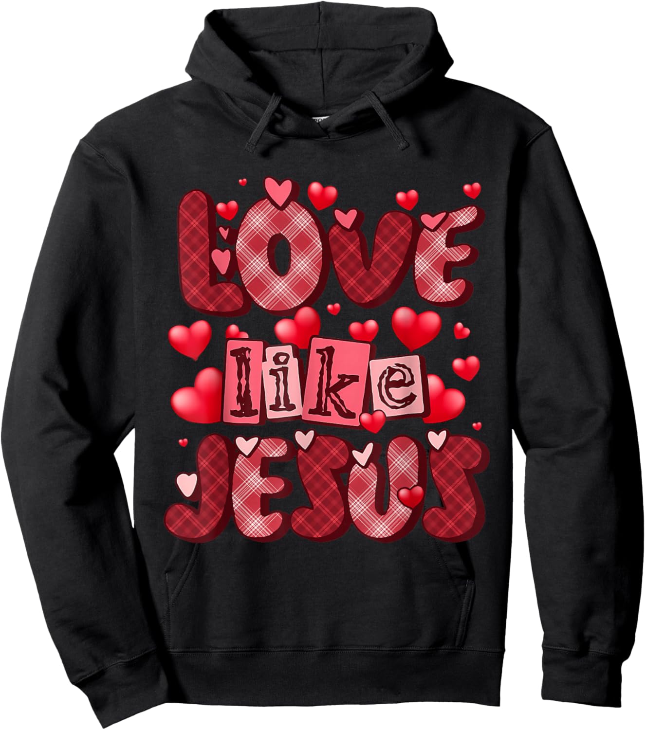 Love Like Jesus Valentine's Day Red Plaid Hearts Christian Hoodie - Hoodie | Black