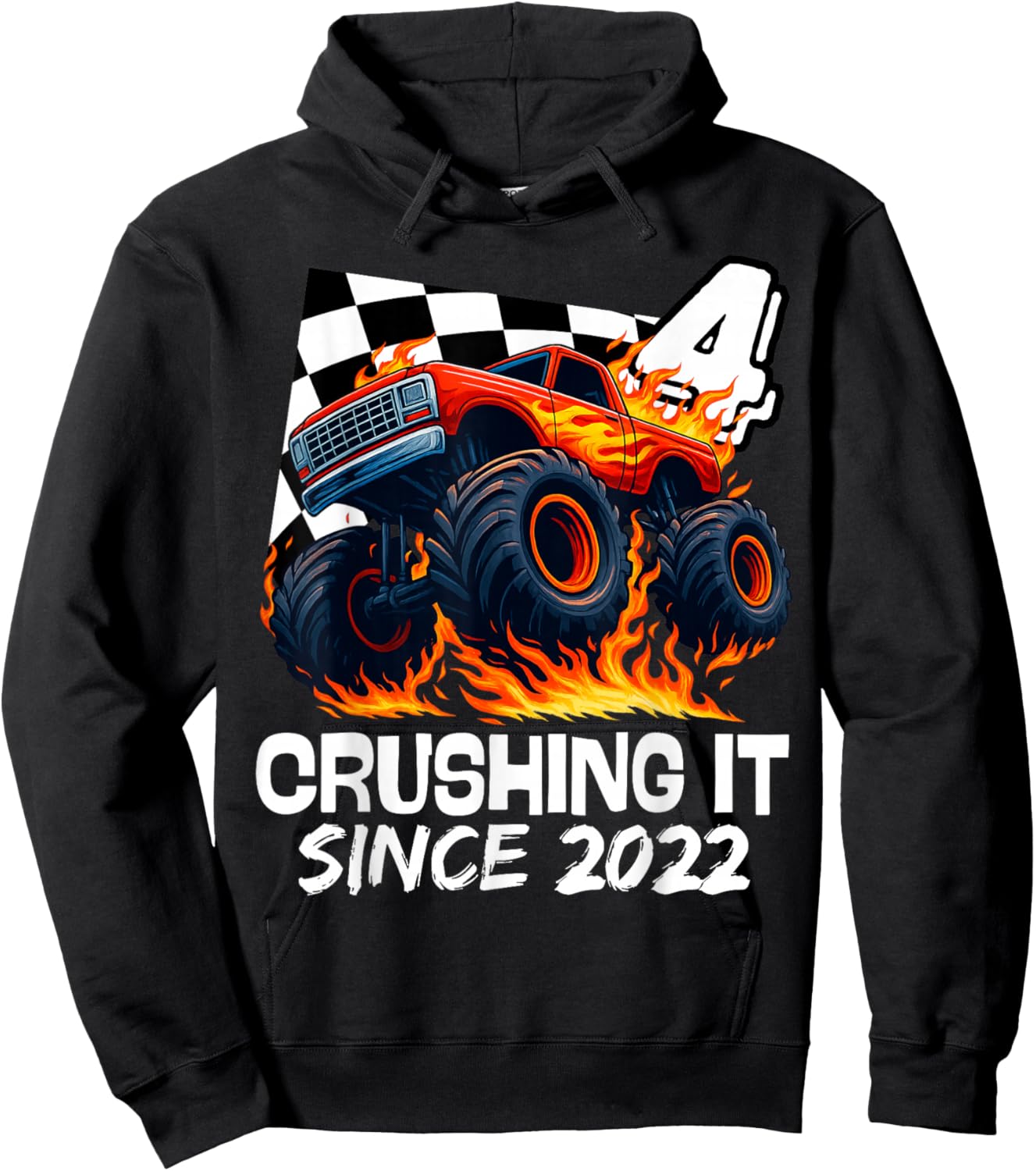 Birthday Monster Truck 4 Year Old Boys 4th Party Born 2022 Hoodie - Hoodie | Black