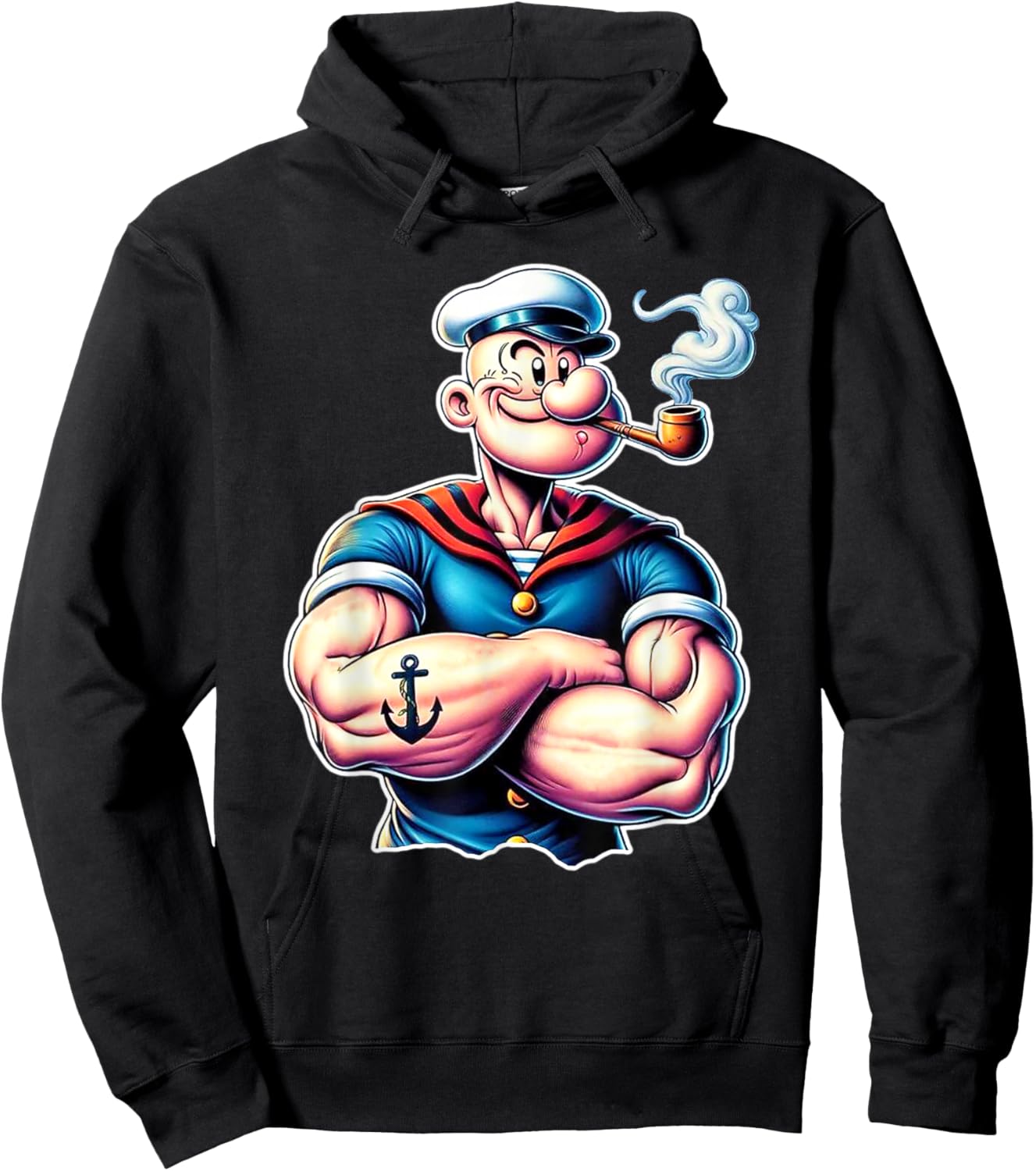 Vintage Pop Eye Cartoon Muscular Tattoo Hoodie - Hoodie | Black