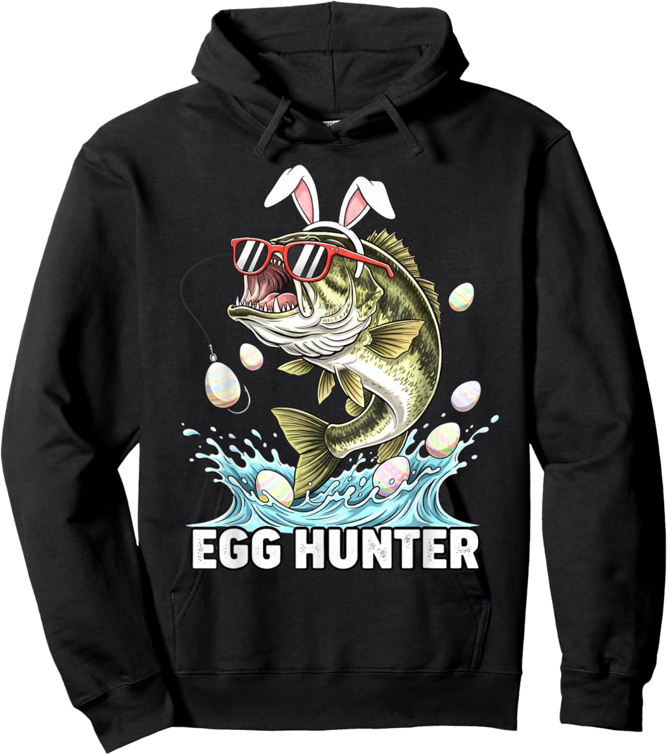 Egg Hunter Easter Funny Fishing Easter Bunny Ears Fisherman Hoodie - Hoodie | Black