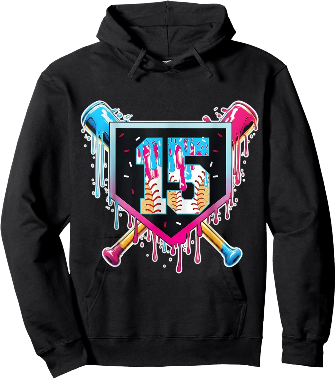 Baseball 15 Year Old Boy Ice Cream Drip 15th Birthday Player Hoodie - Hoodie | Black