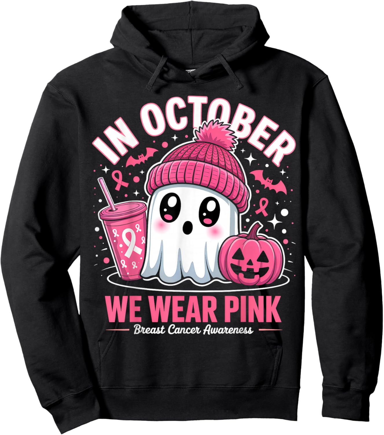 in October We Wear Pink Ghost Witch Breast Cancer Awareness Hoodie - Hoodie | Black