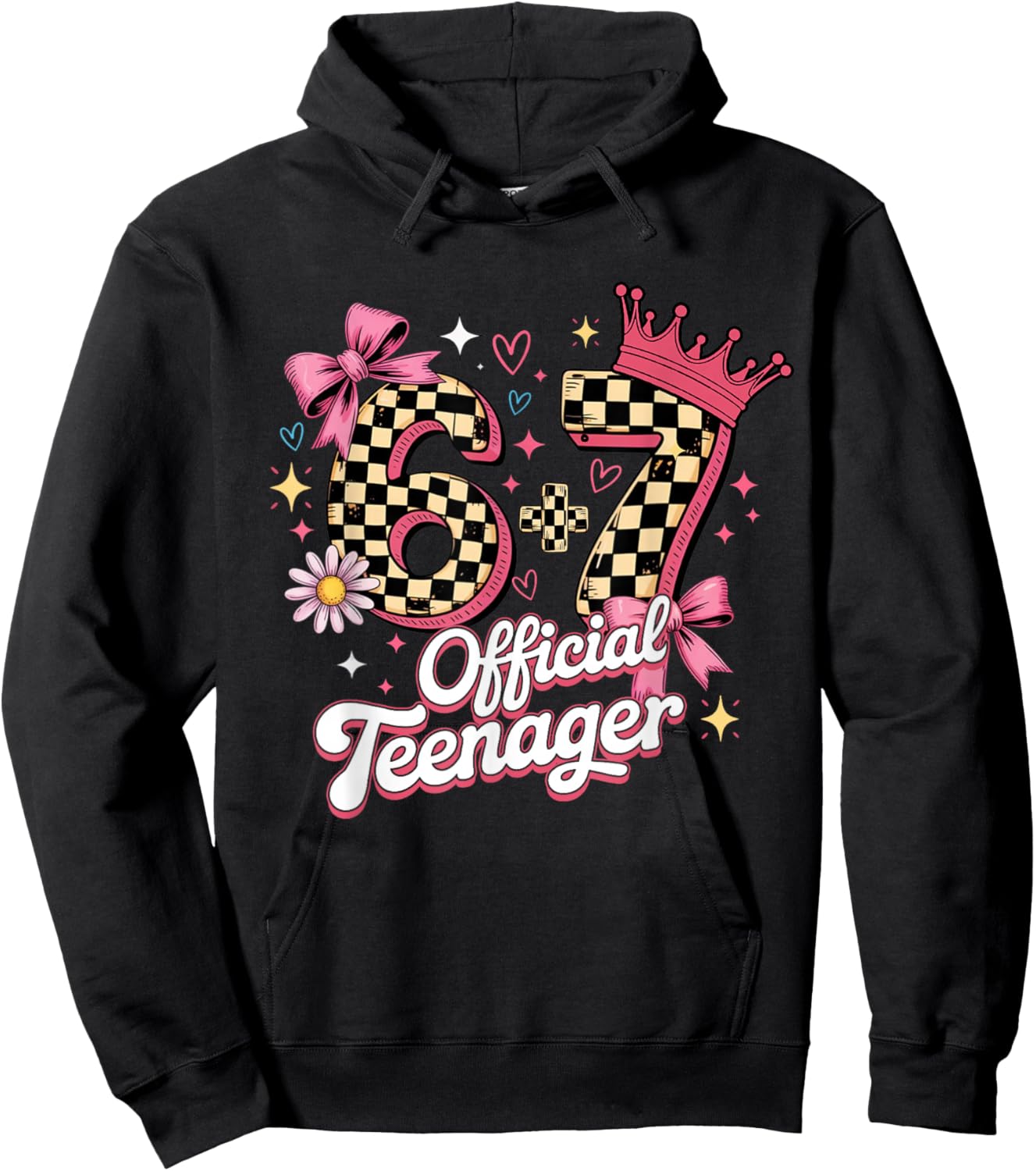 Pink Checkered 13th Birthday 6+7 13 Official Teenager Girls Hoodie - Hoodie | Black