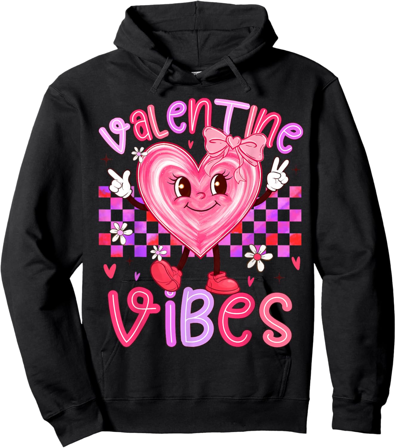 Valentine Vibes Cute Girl Happy Valentines Day Preppy Hoodie - Hoodie | Black