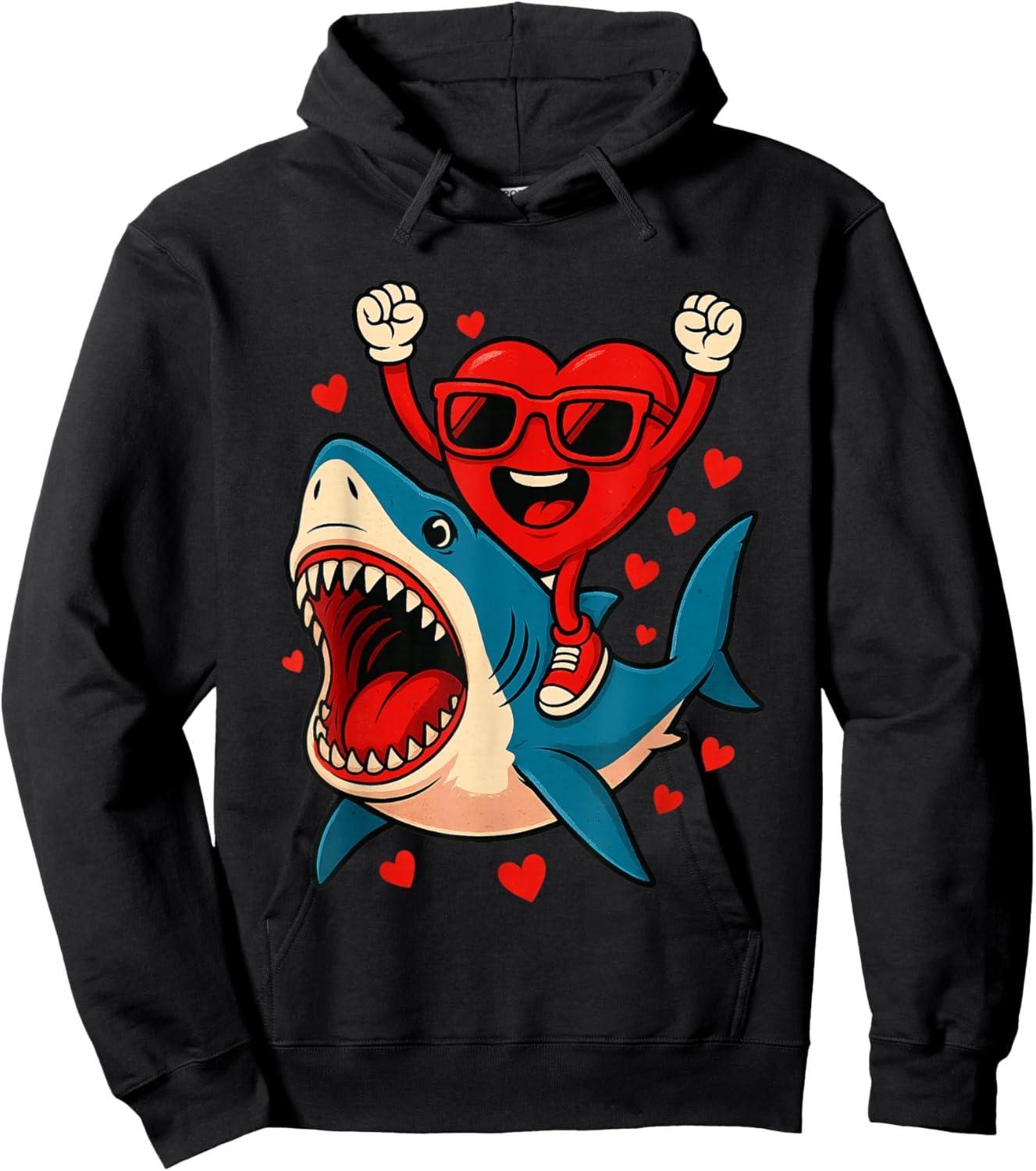 Valentines Day Heart Riding Shark Funny Toddler Boys Kids Hoodie - Hoodie | Black