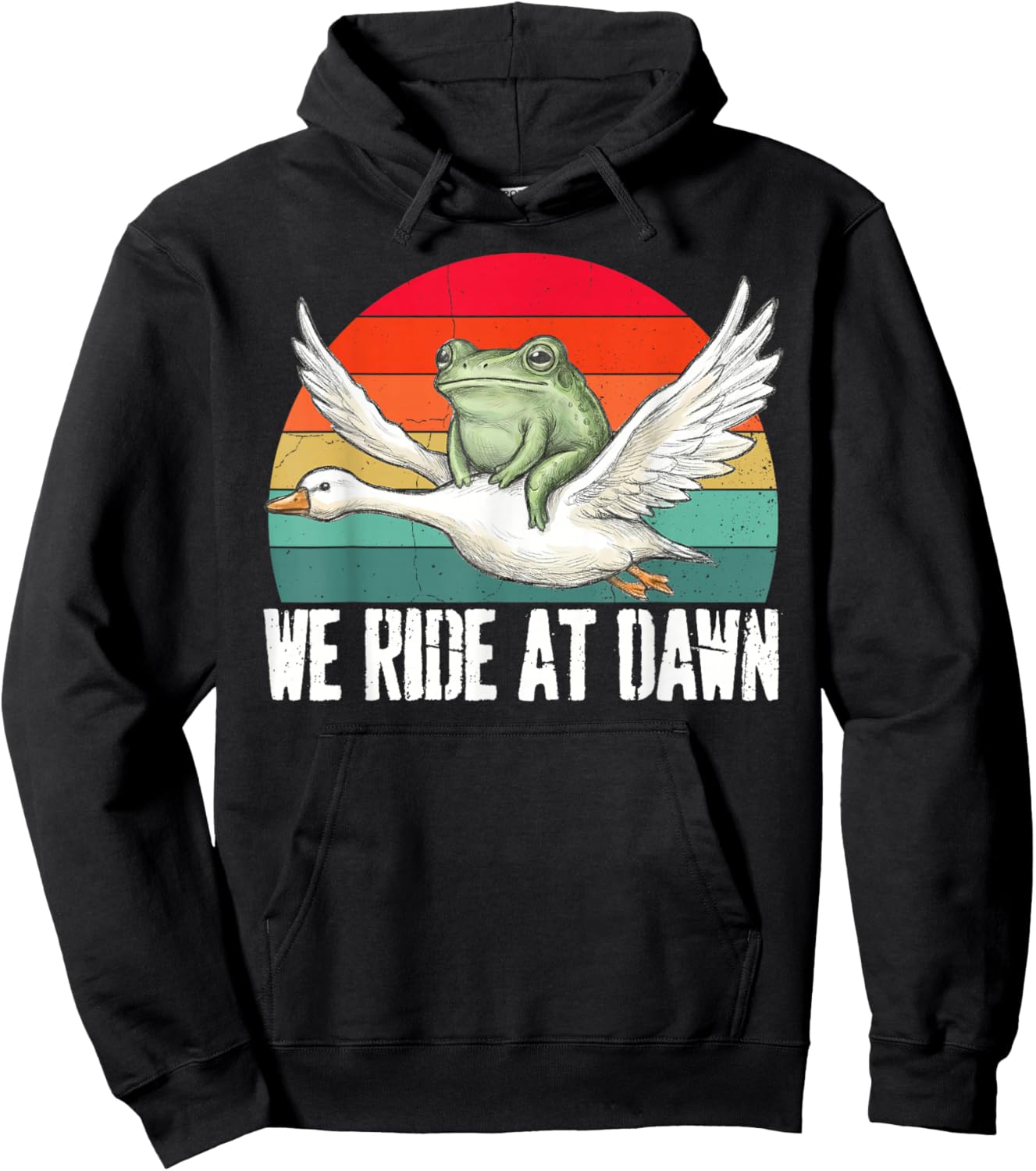 We Ride at Dawn Funny Frog Riding Goose Chaotic Animal Hoodie - Hoodie | Black