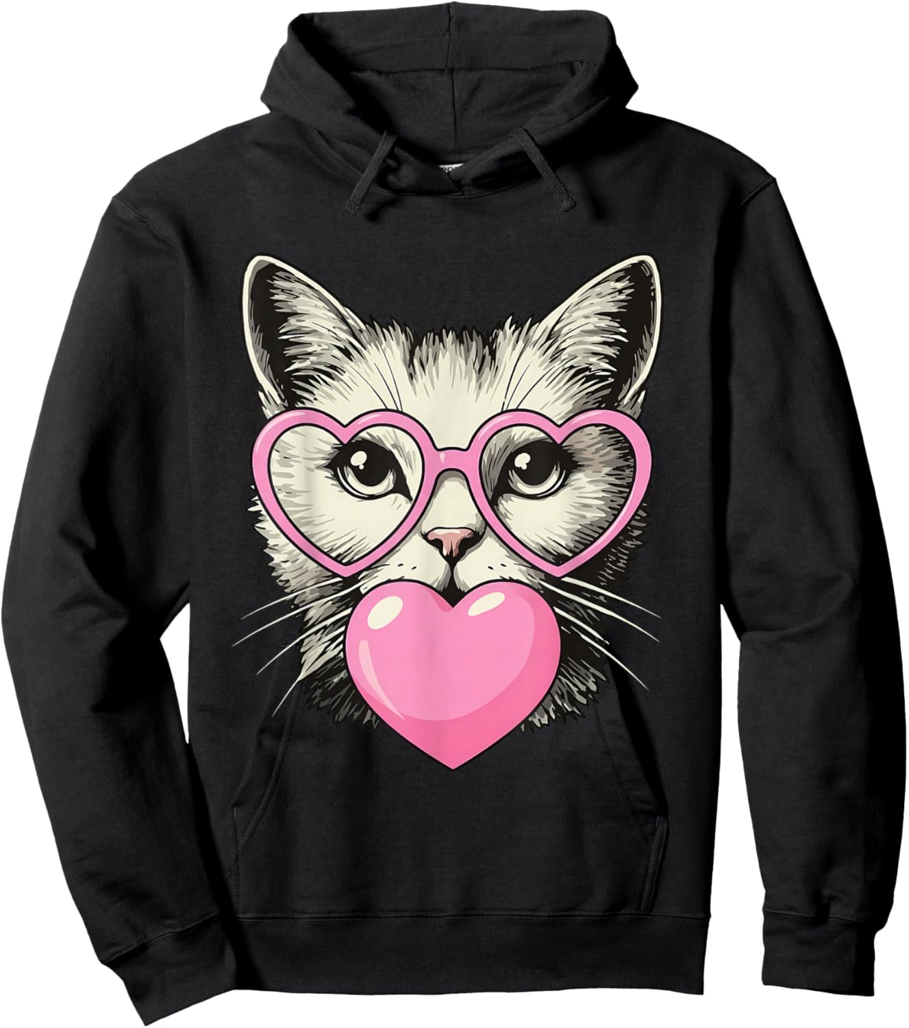 Cute Cat Blowing Pink Valentine Heart Bubble Gum Hoodie - Hoodie | Black
