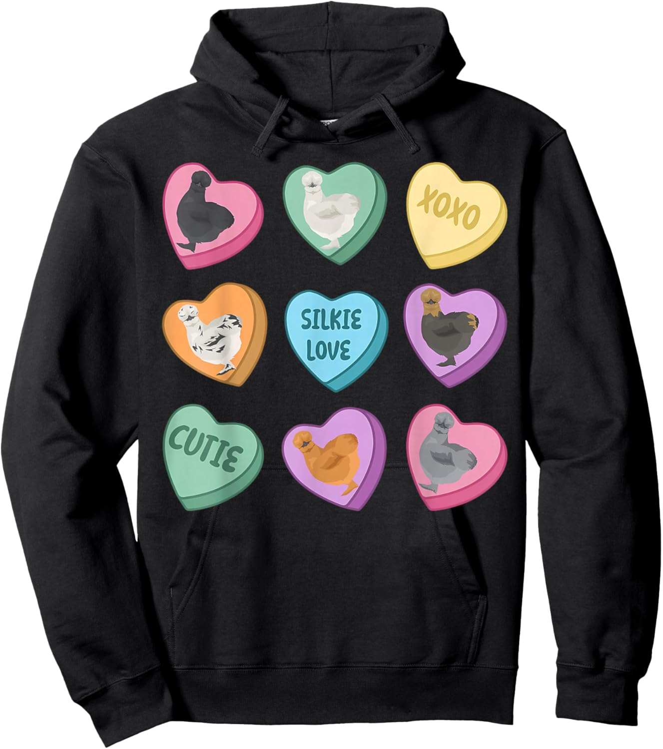 Cute Silkie Chicken Heart Candy Valentine Day Farm Animal Hoodie - Hoodie | Black