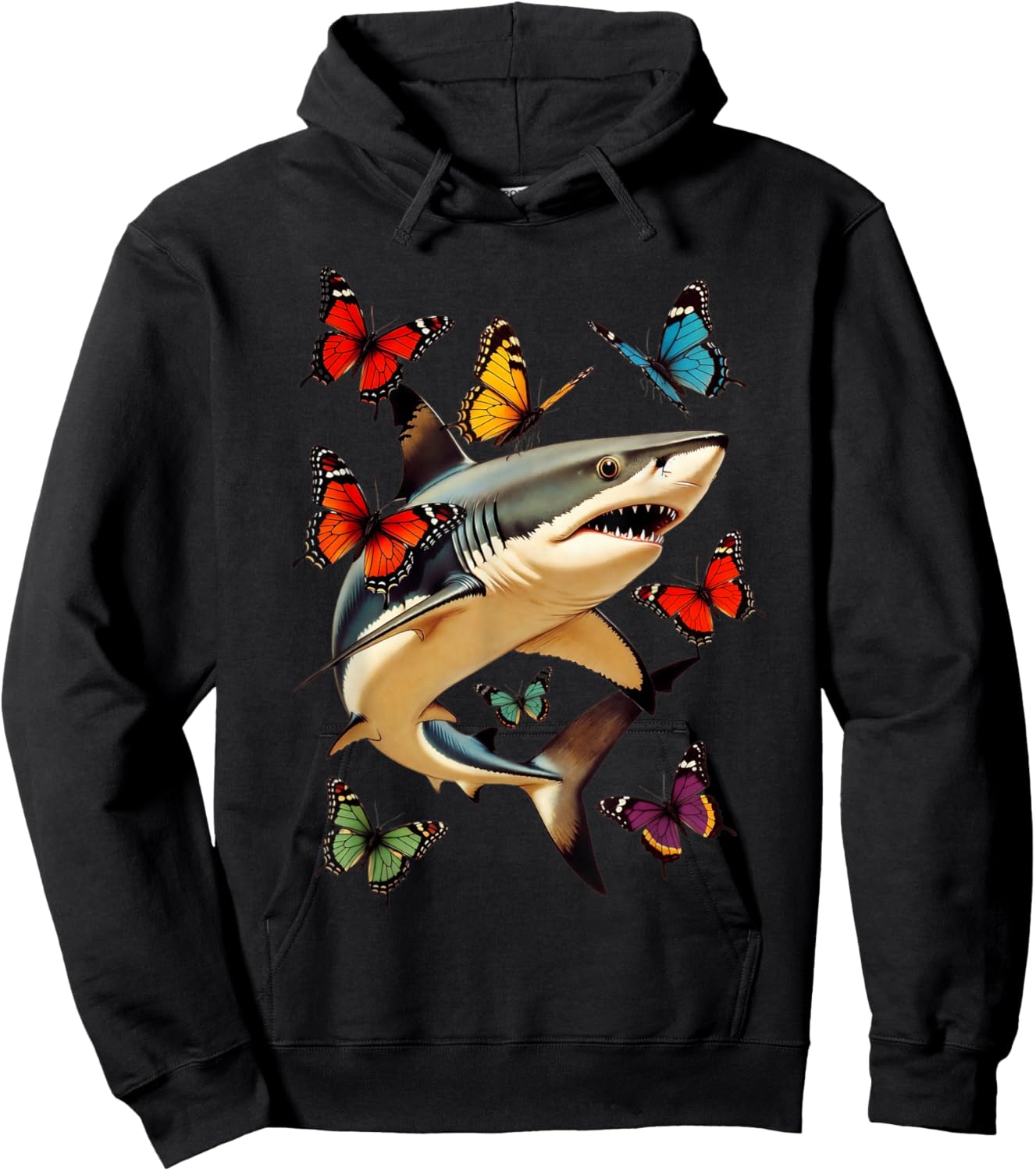 Funny Shark with Butterflies Retro Graphic Ocean Lovers Hoodie - Hoodie | Black