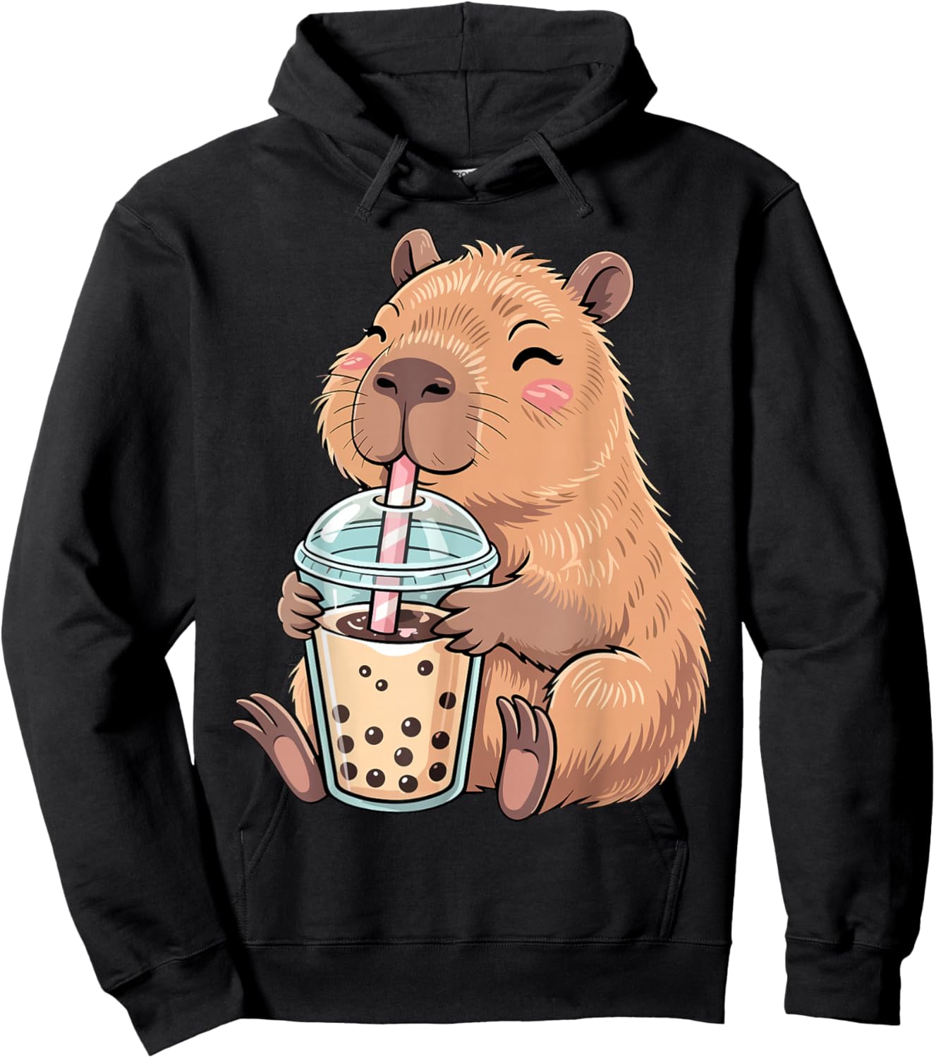 Cute Capybara Kawaii with Boba Bubble Tea Hoodie - Hoodie | Black