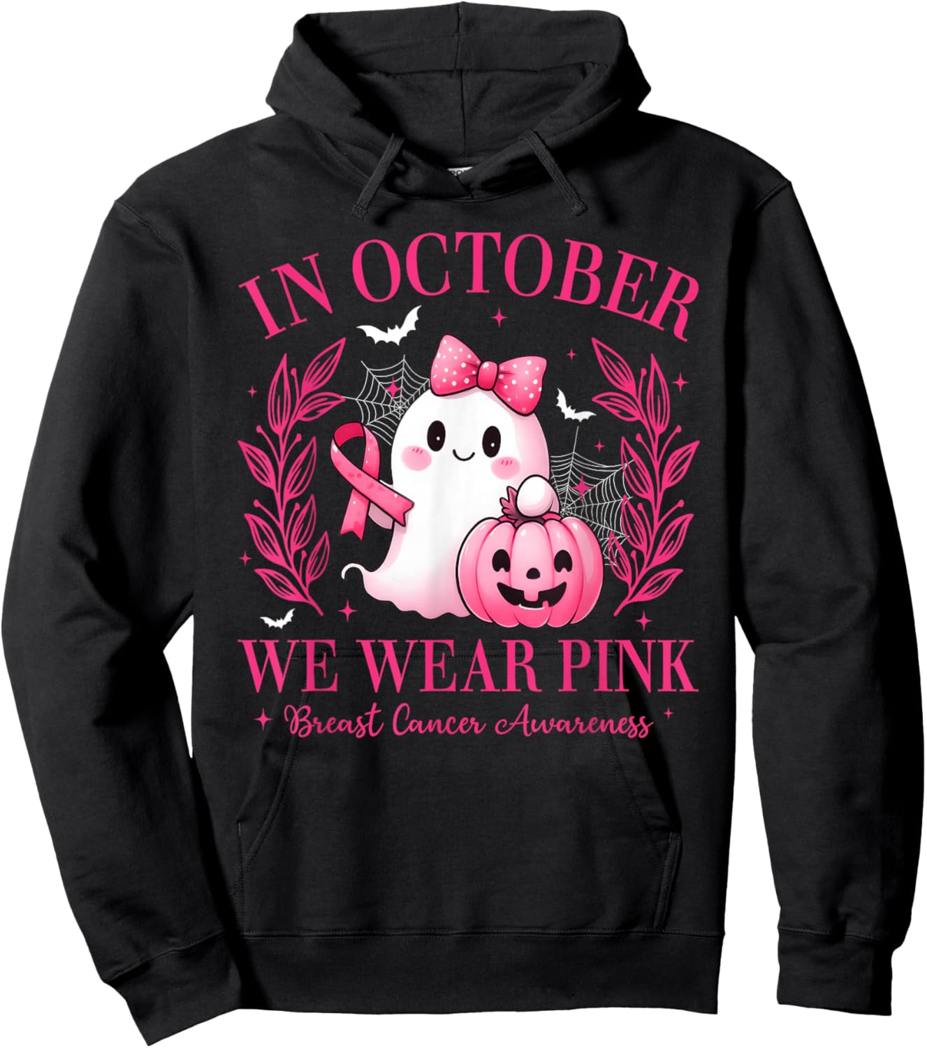 in October We Wear Pink Breast Cancer Awareness Pink Ghost Hoodie - Hoodie | Black