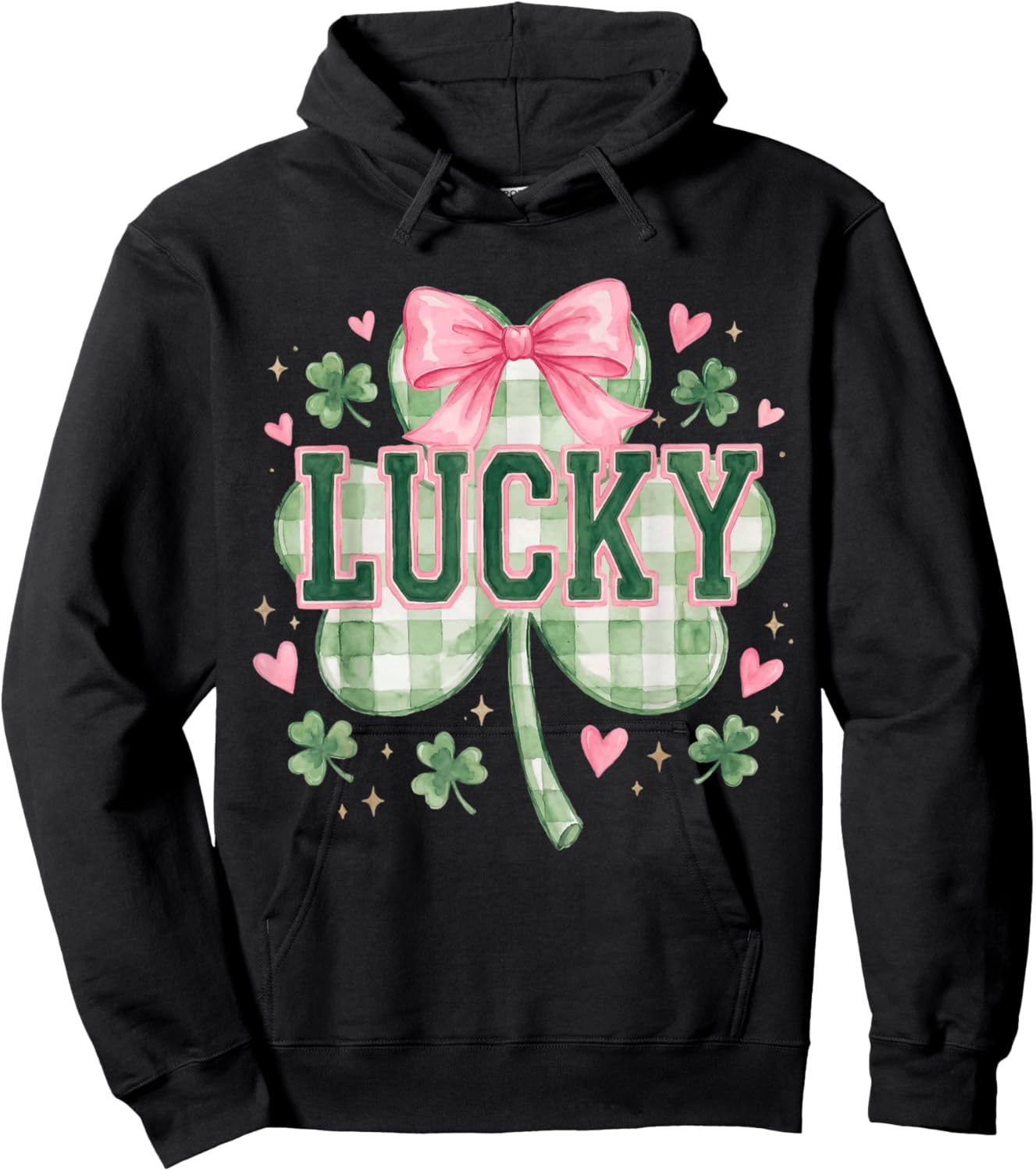 Vintage Coquette Bow Lucky Shamrock Clover St Patricks Day Hoodie - Hoodie | Black