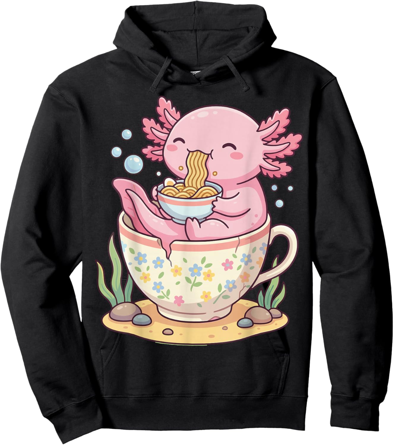 Kawaii Axolotl Teacup Ramen Anime Aesthetic Hoodie - Hoodie | Black