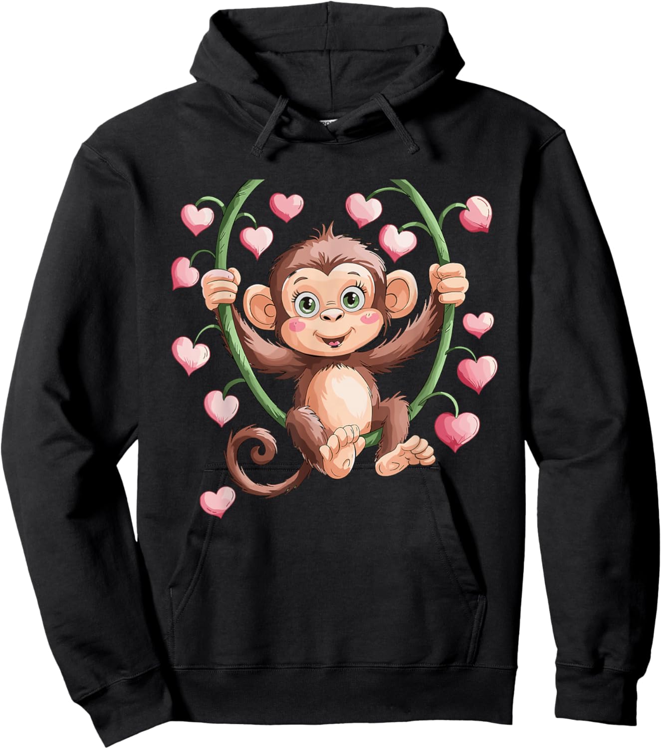 Valentines Cute Baby Monkey with Pink Hearts Hoodie - Hoodie | Black