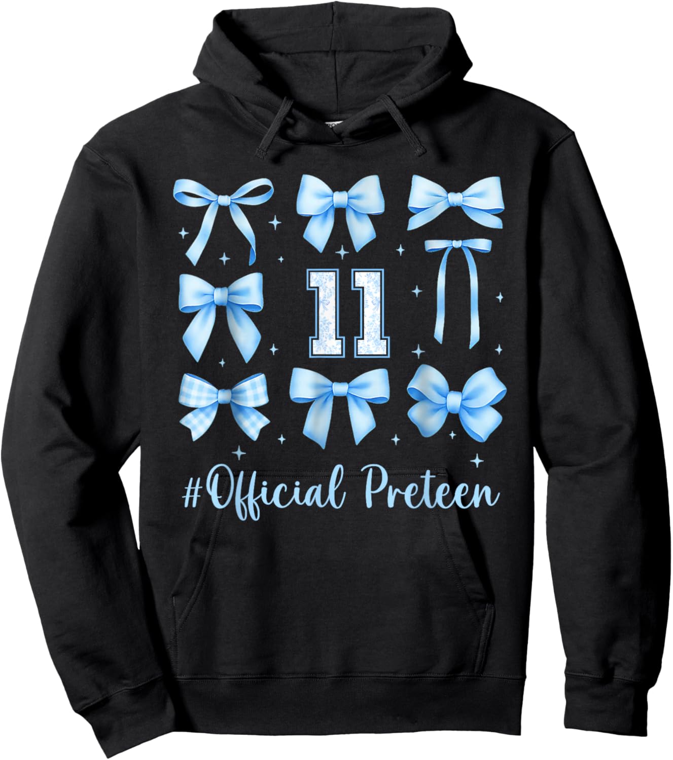 11th Birthday Girl Blue Floral Coquette Bow 11 Year Old Hoodie - Hoodie | Black