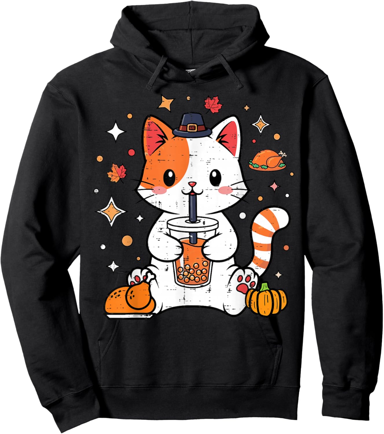 Thanksgiving Cat Boba Bubble Milk Tea Fall Girls Kids Women Hoodie - Hoodie | Black