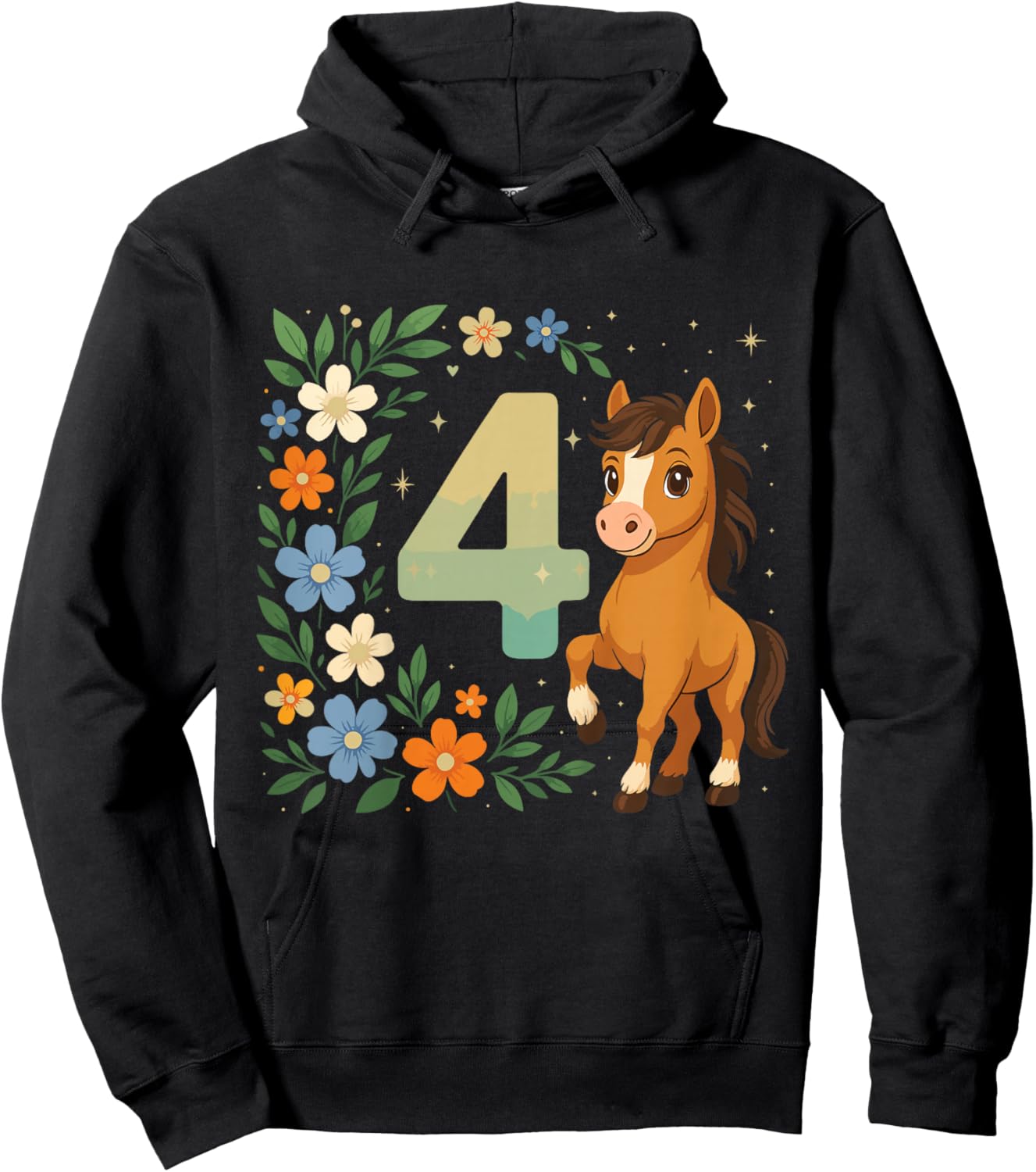 4th Birthday Girl Pony Horse Flowers 4 Years Old Hoodie - Hoodie | Black