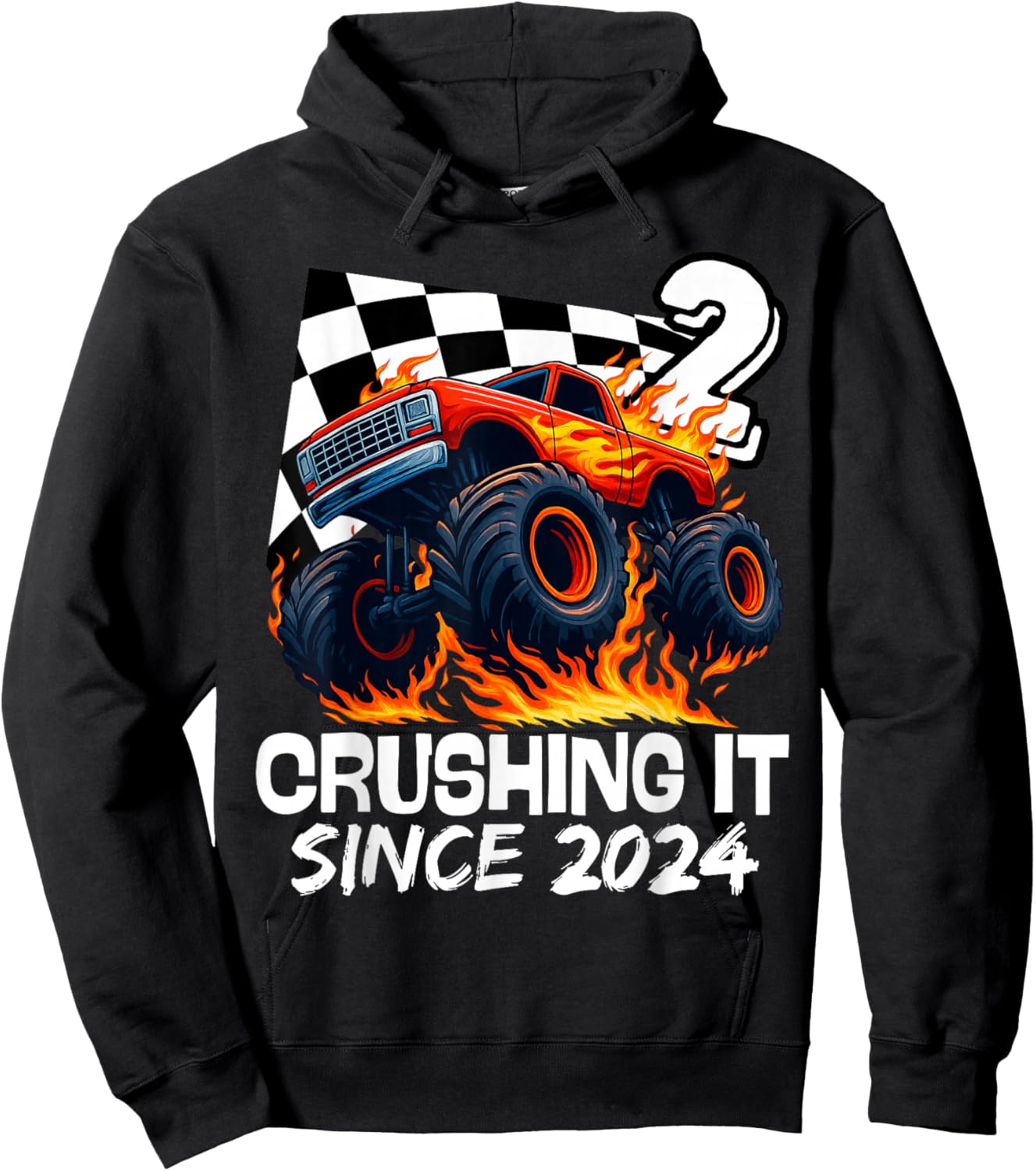 Birthday Monster Truck 2 Year Old Boys 2nd Party Born 2024 Hoodie - Hoodie | Black