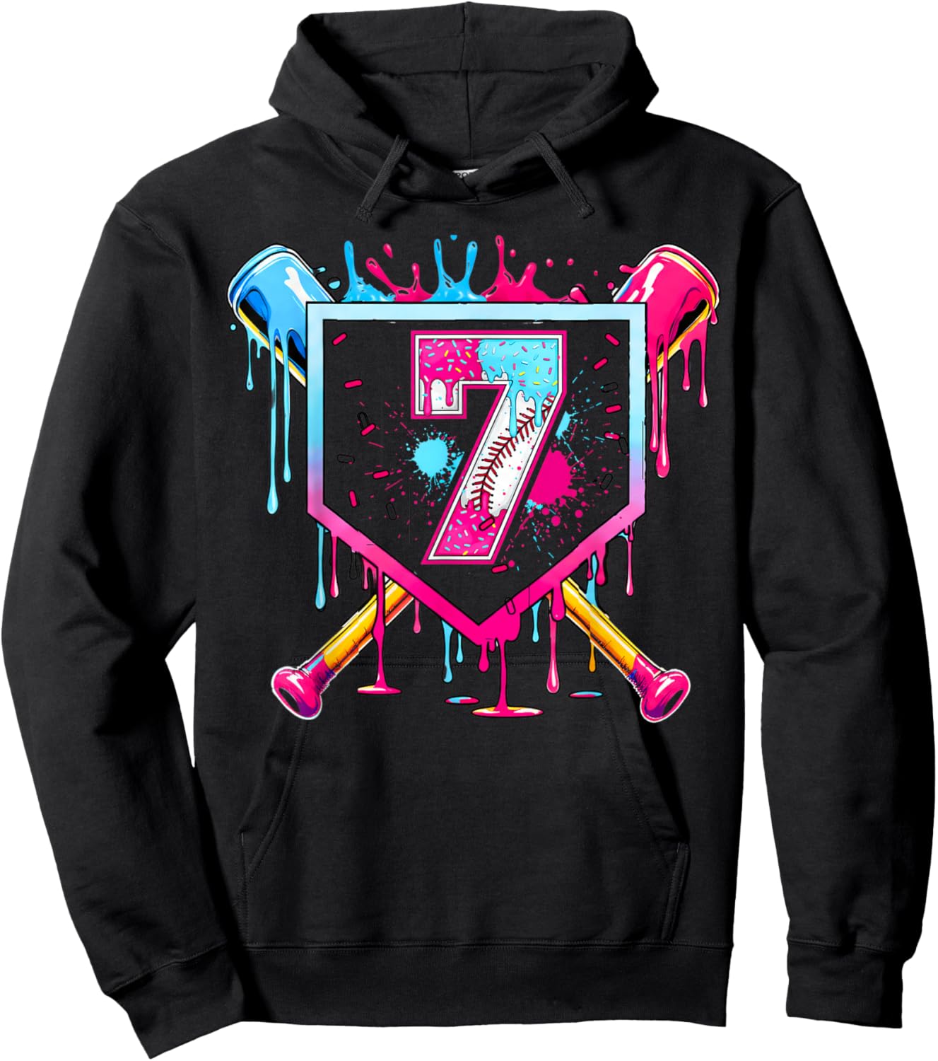7th Birthday Boys Baseball Ice Cream Drip Boys Baseball Hoodie - Hoodie | Black
