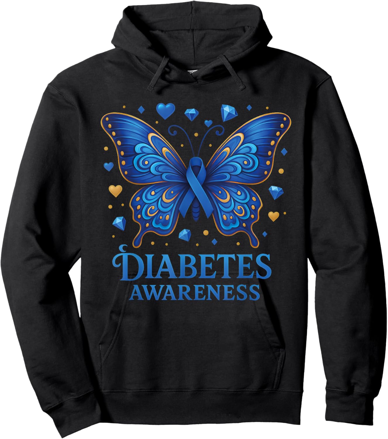 Diabetes Awareness Butterfly Blue Ribbon T1D Hoodie - Hoodie | Black