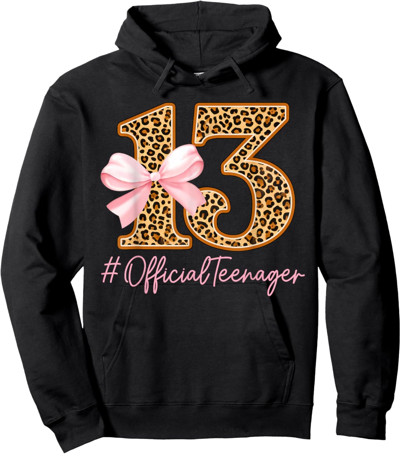13th Birthday Girl Pink Coquette Bow Leopard 13 Year Old Hoodie - Hoodie | Black