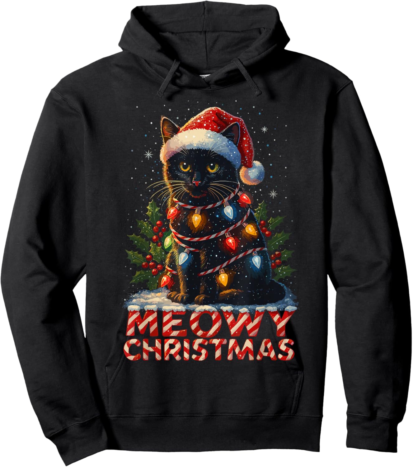 Black Cat Christmas Tree Lights Shirt, Cat Meowy Christmas Hoodie - Hoodie | Black