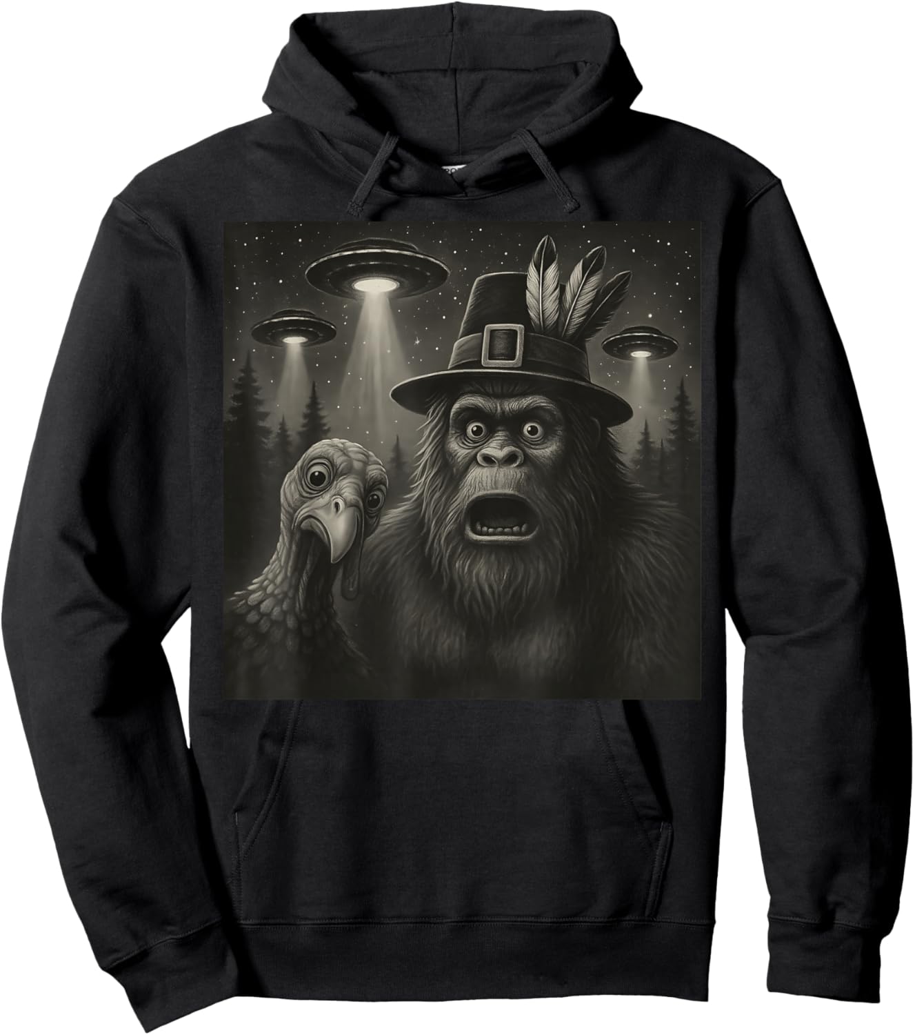 Funny Thanksgiving Bigfoot Turkey Selfie UFO Sasquatch Hoodie - Hoodie | Black