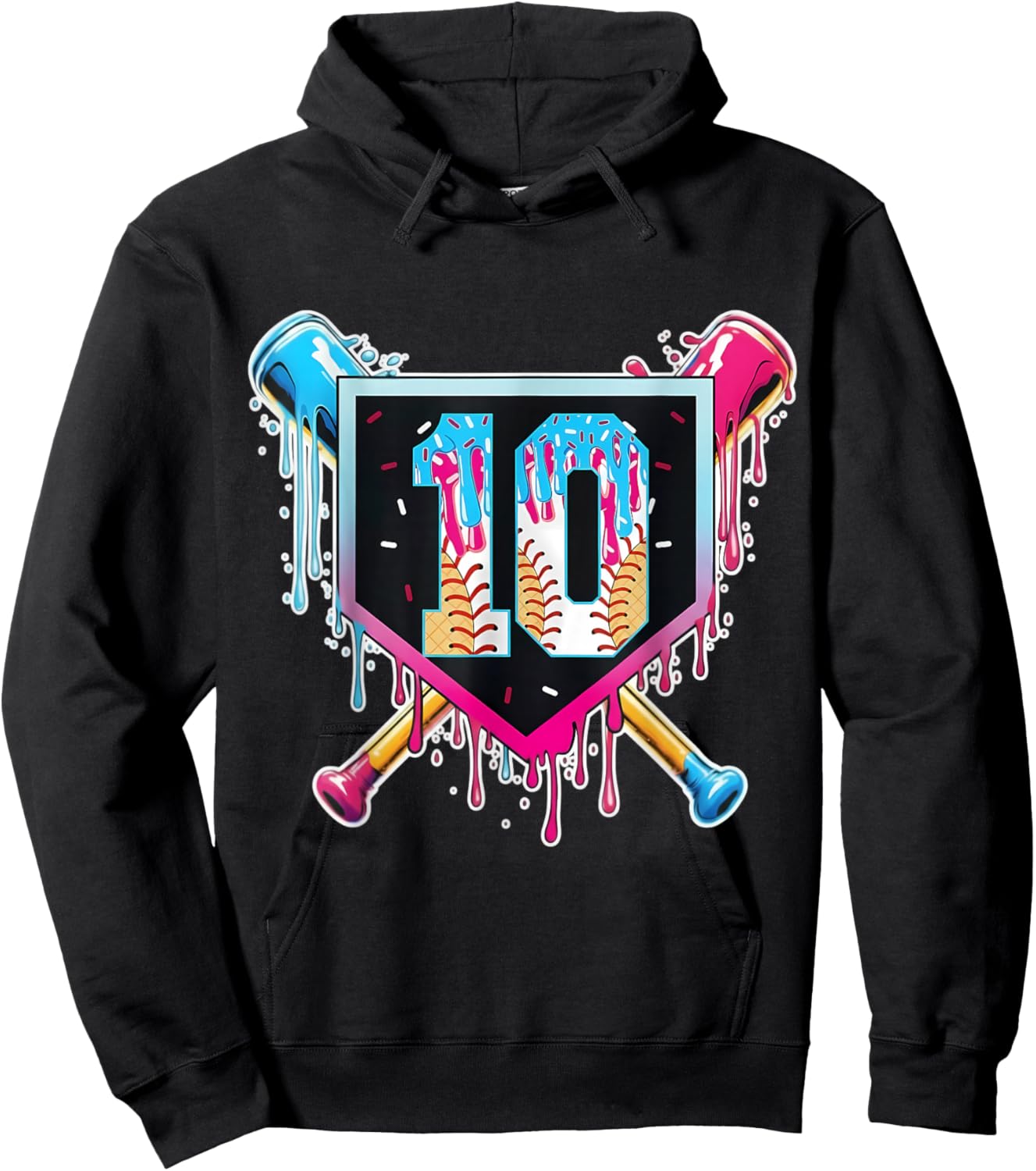 Baseball 10 Year Old Boy Ice Cream Drip 10th Birthday Player Hoodie - Hoodie | Black