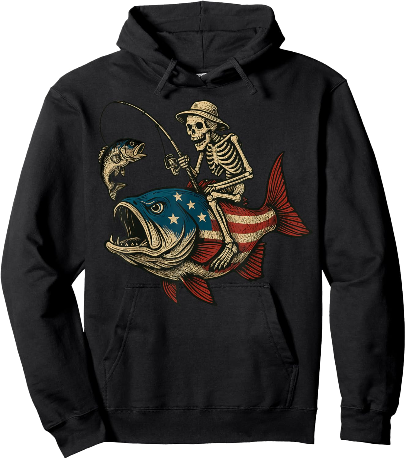 Skeleton Fishing Bass Fish USA Flag Hoodie - Hoodie | Black