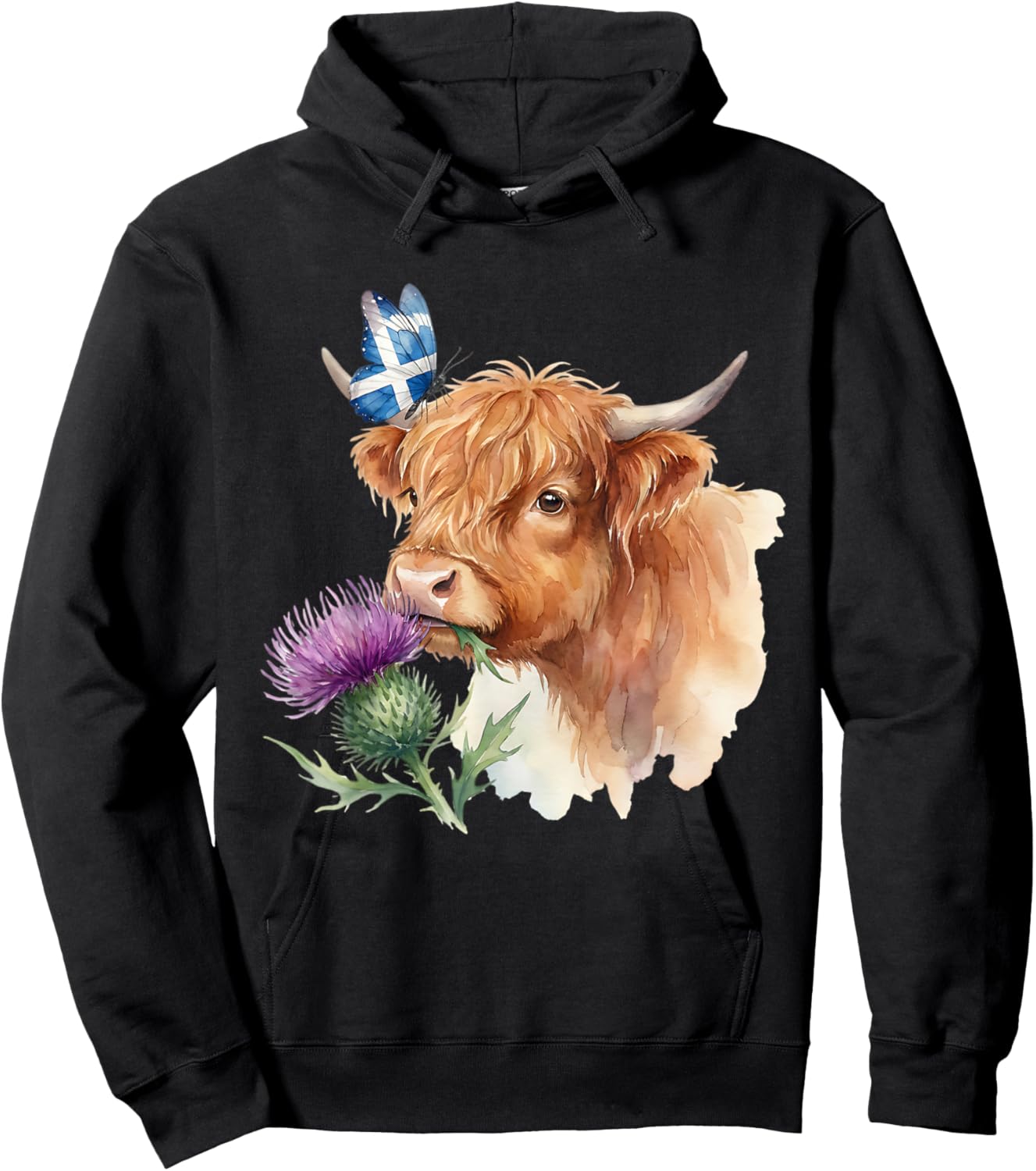 Scottish Highland Cow Thistle Scotland Flag Saltire Wings Hoodie - Hoodie | Black