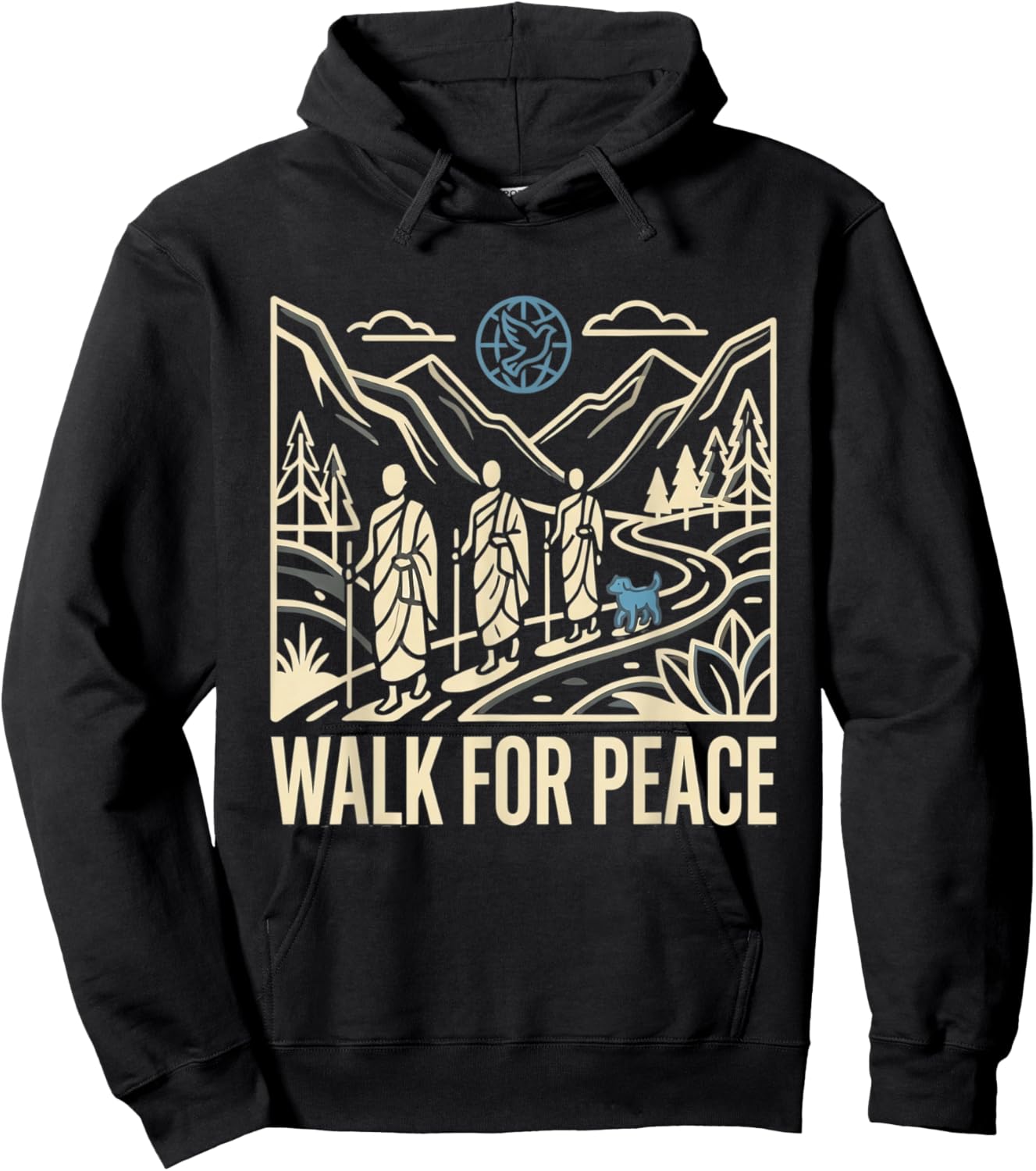 Walk for Peace Aloka Monks Dog Dove Globe Line Art Hoodie - Hoodie | Black