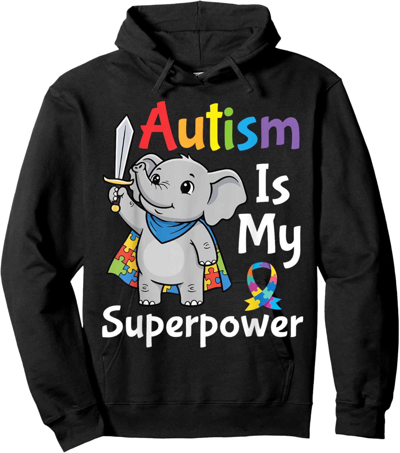 Autism is My Superpower Awareness Puzzle Cape Elephant Hero Hoodie - Hoodie | Black