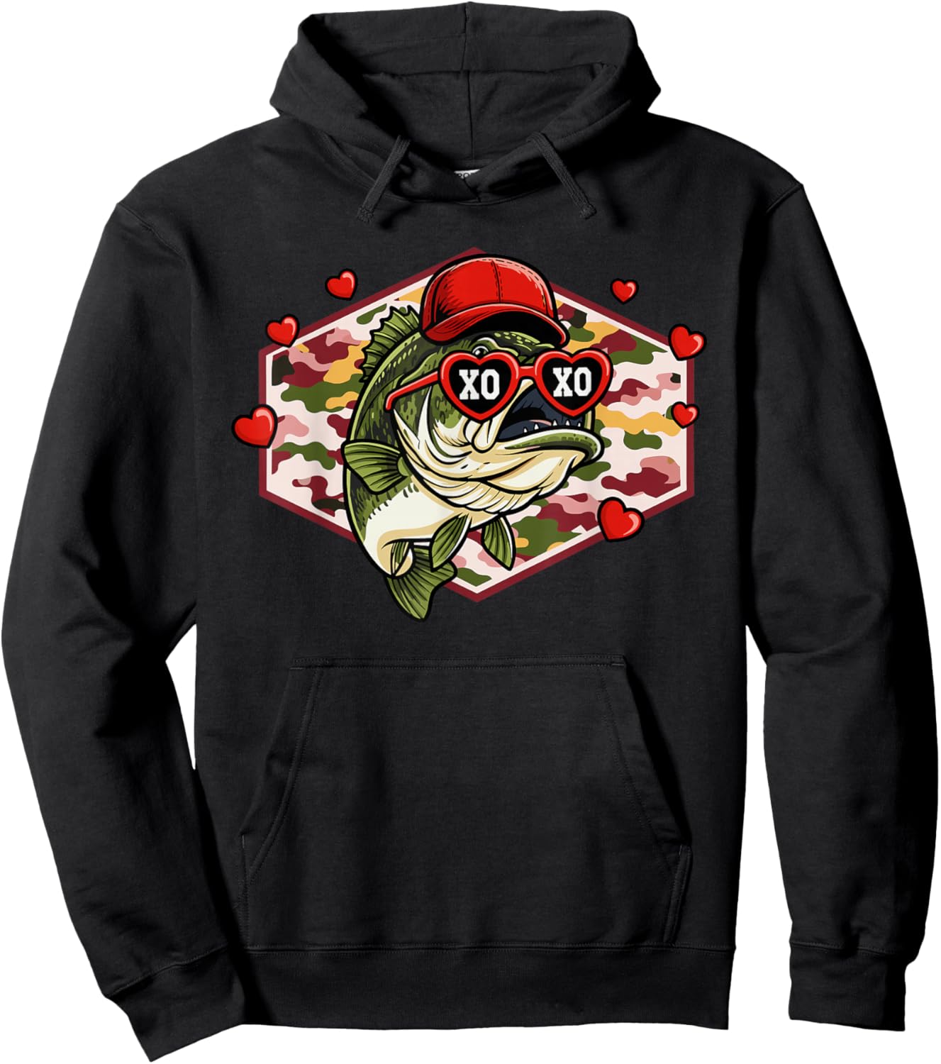 Men Boys Retro Valentines Fishing XOXO Camo Bass Hoodie - Hoodie | Black