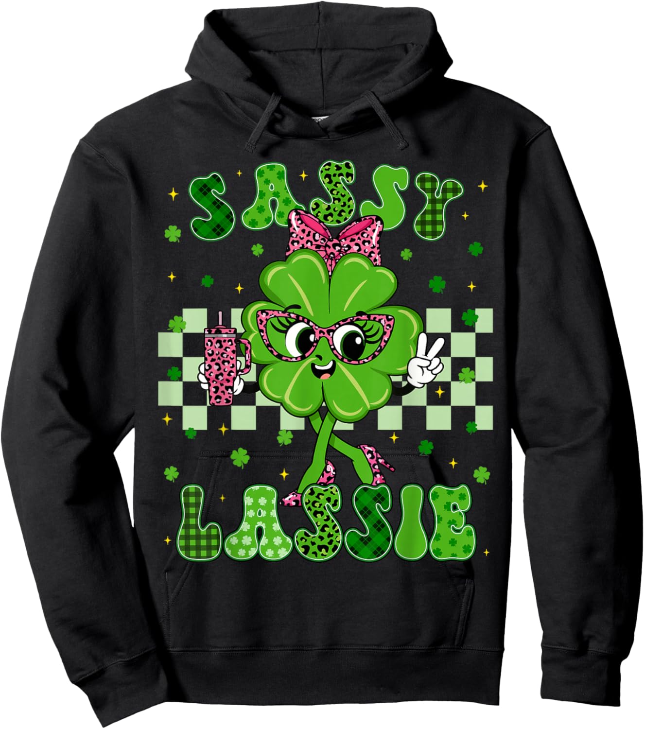 Funny Sassy Lassie Shamrock Leopard St Patricks Women Girl Hoodie - Hoodie | Black