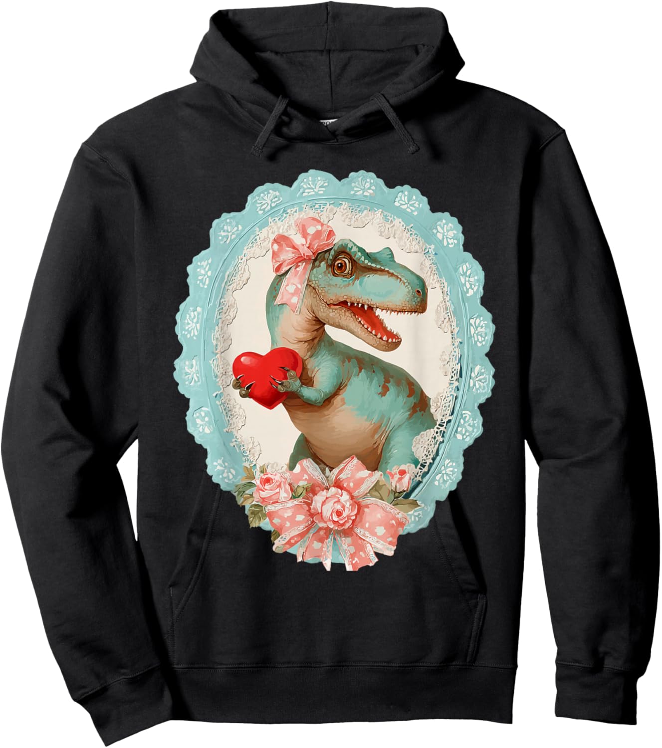 Vintage T-rex Valentine Cute Dinosaur with Heart Coquette Hoodie - Hoodie | Black